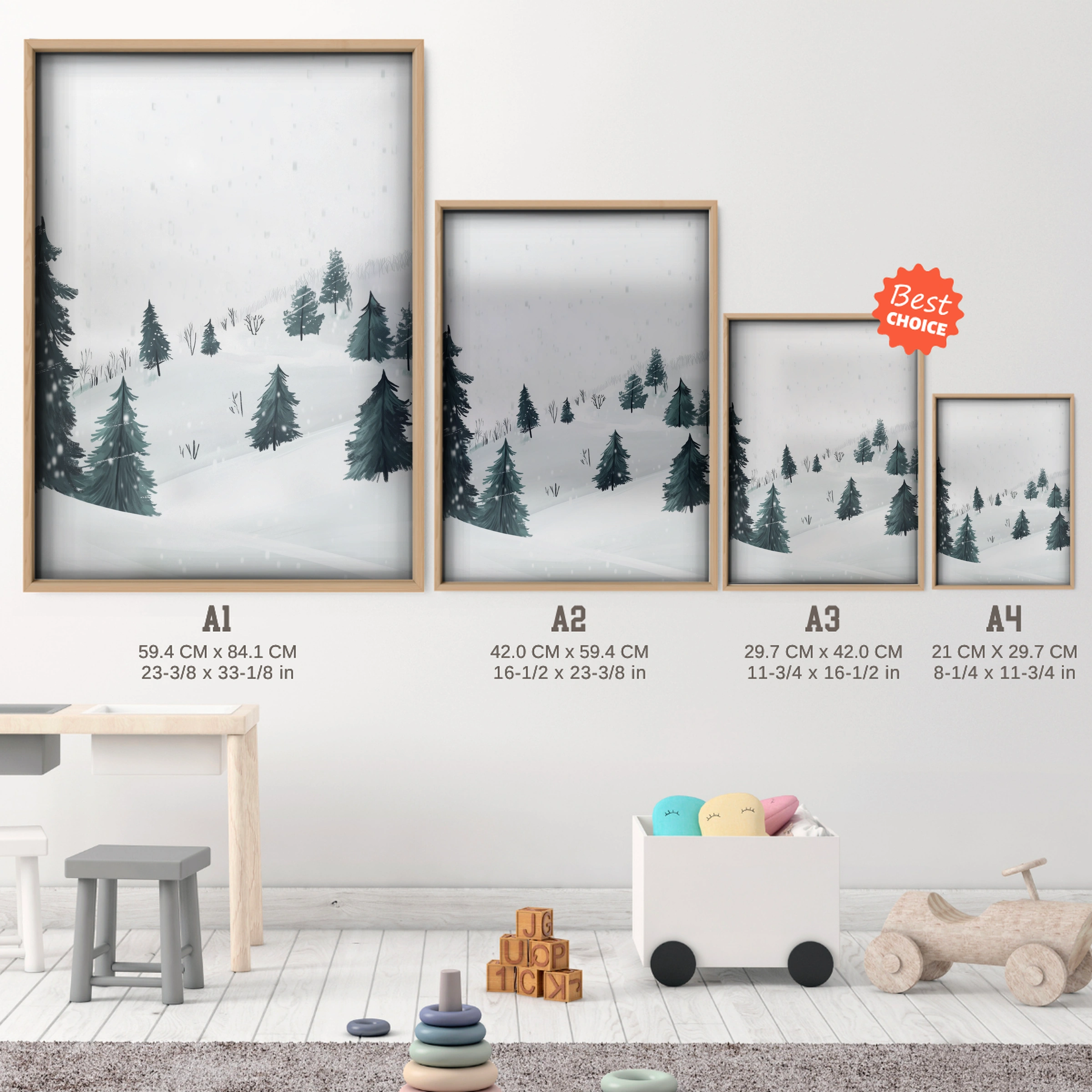 Winter Landscape Christmas Print - size guide A4 A3 A2 A1 nursery print