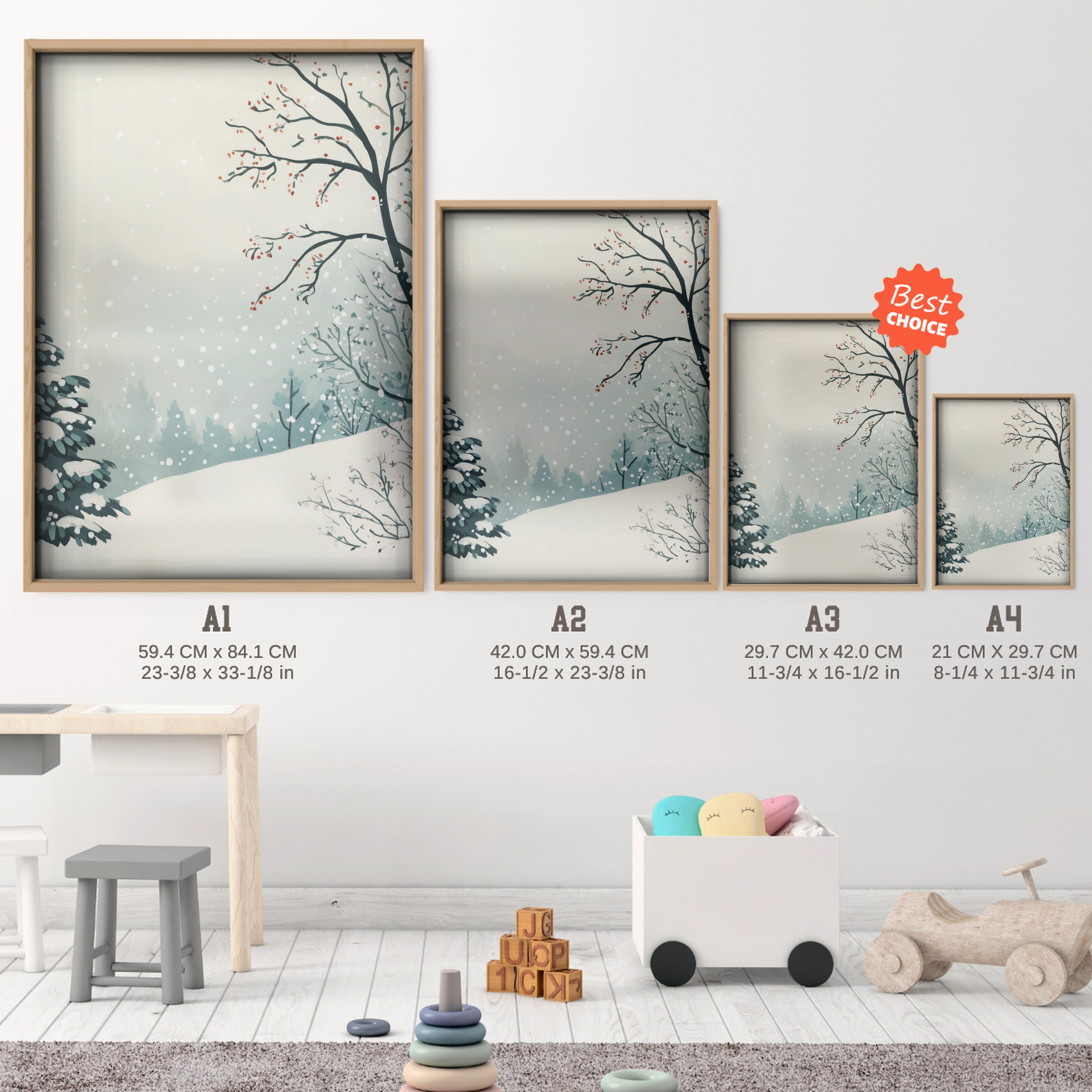 Winter Scene Christmas Print - size guide A4 A3 A2 A1 nursery print