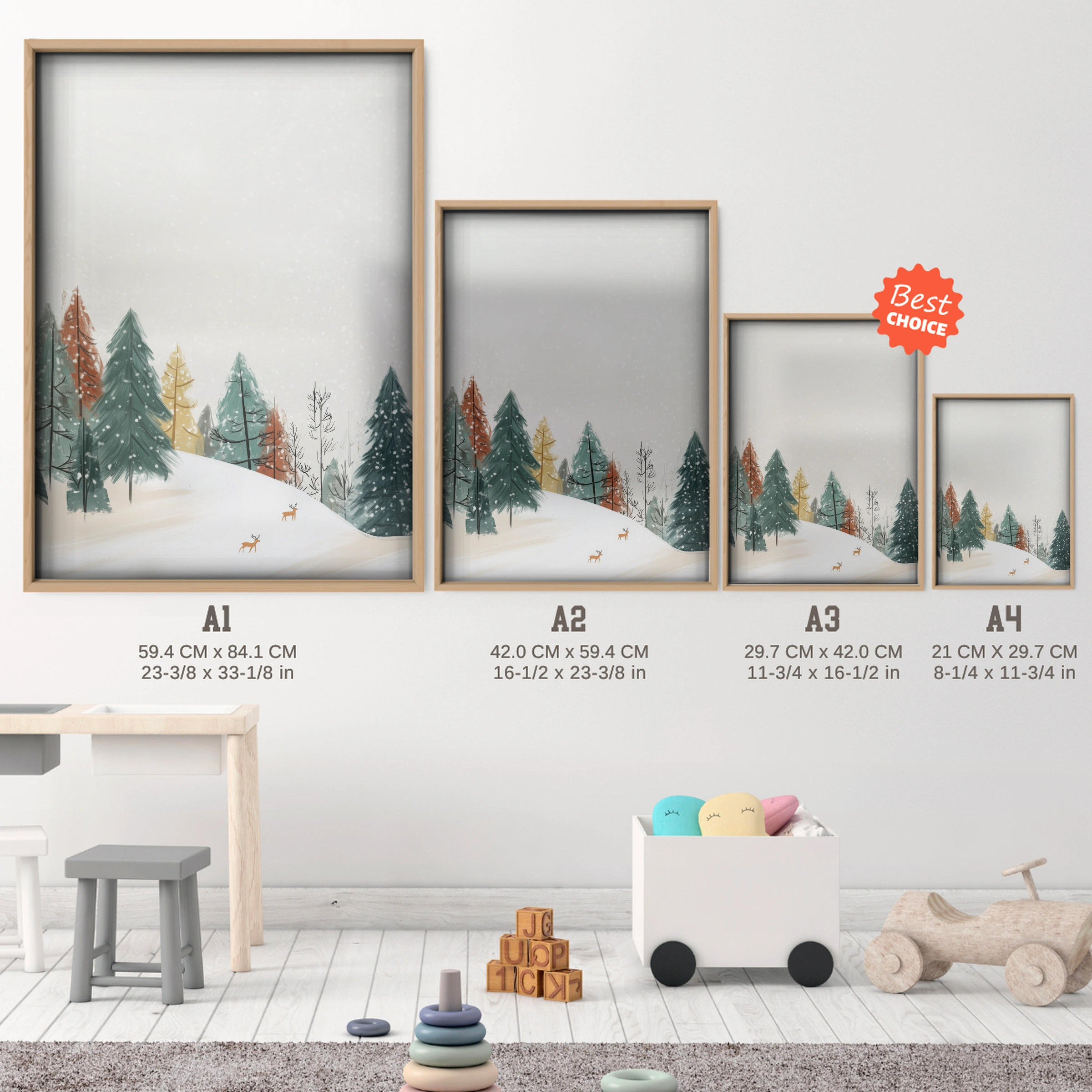 Winter Trees Christmas Print - size guide A4 A3 A2 A1 nursery print