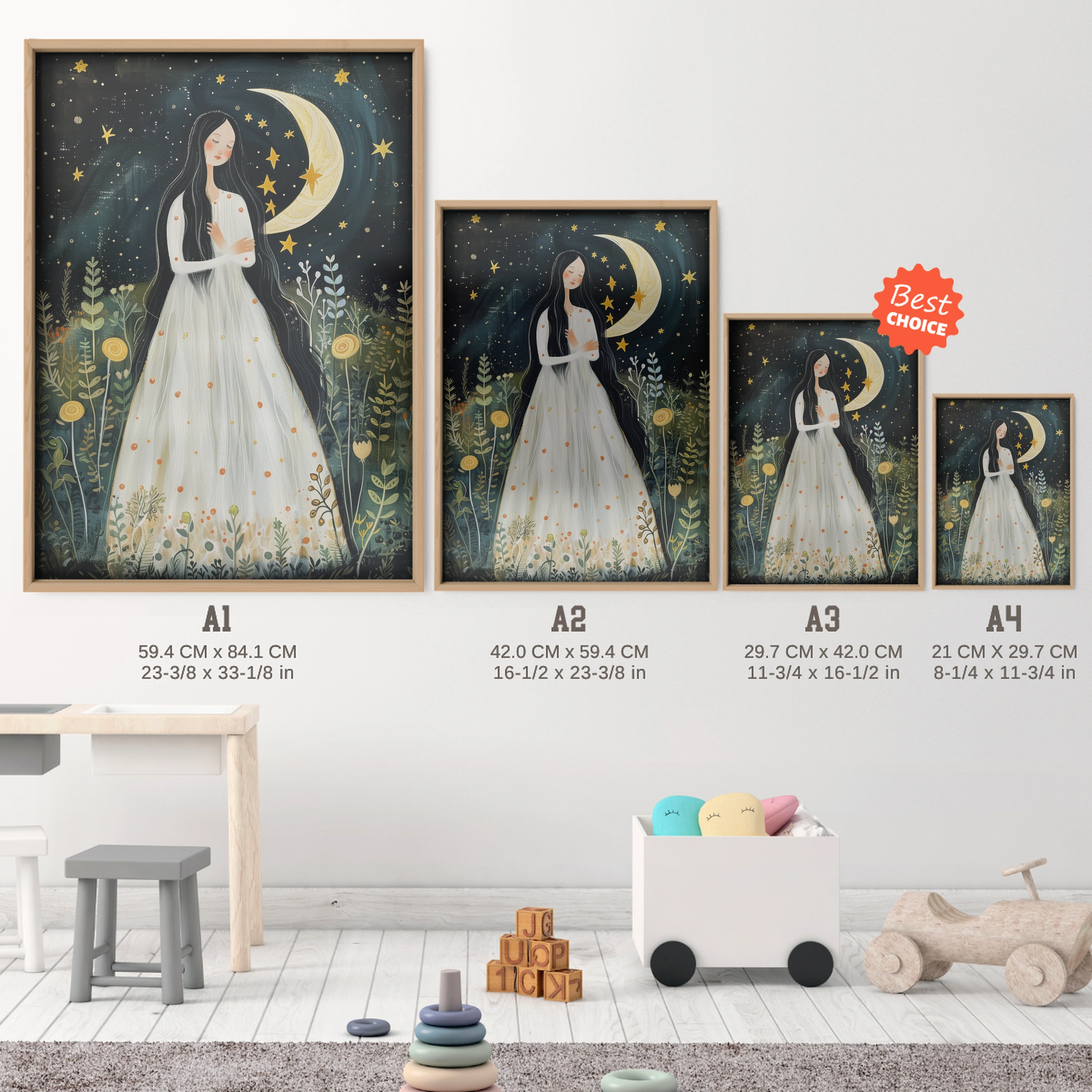 Woman and the Moon Nursery Print - size guide A4 A3 A2 A1 nursery print