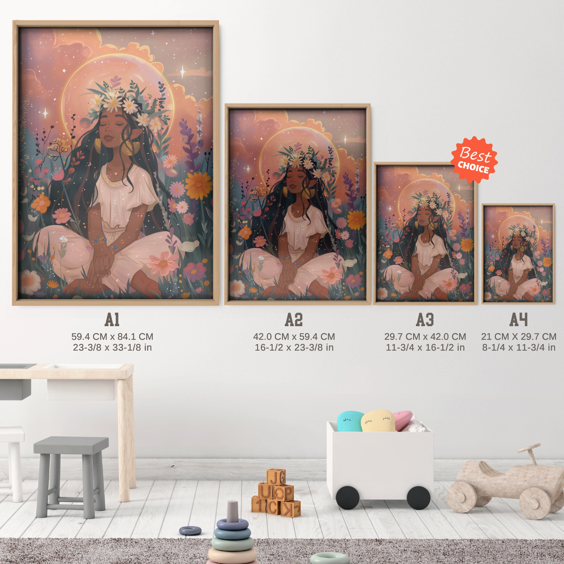 Woman with a Flower Halo Nursery Print - size guide A4 A3 A2 A1 nursery print