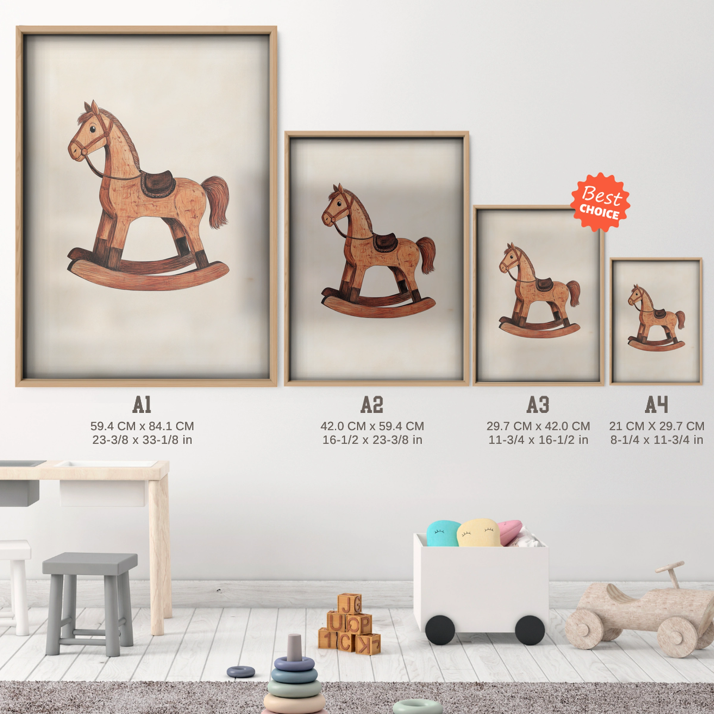 Wooden Rocking Horse Nursery Print - size guide A4 A3 A2 A1 nursery print