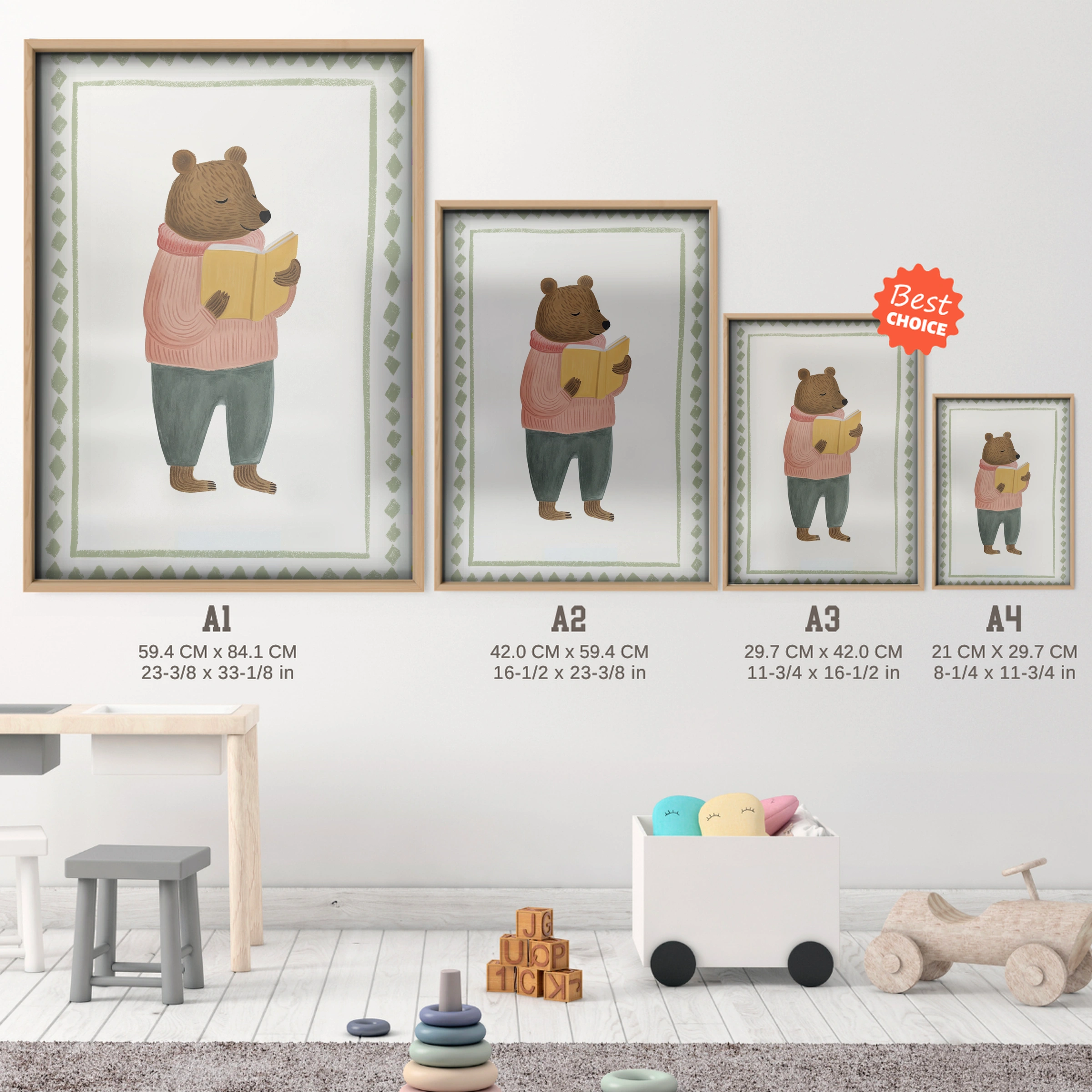 Woodland Bear Nursery Print - size guide A4 A3 A2 A1 nursery print