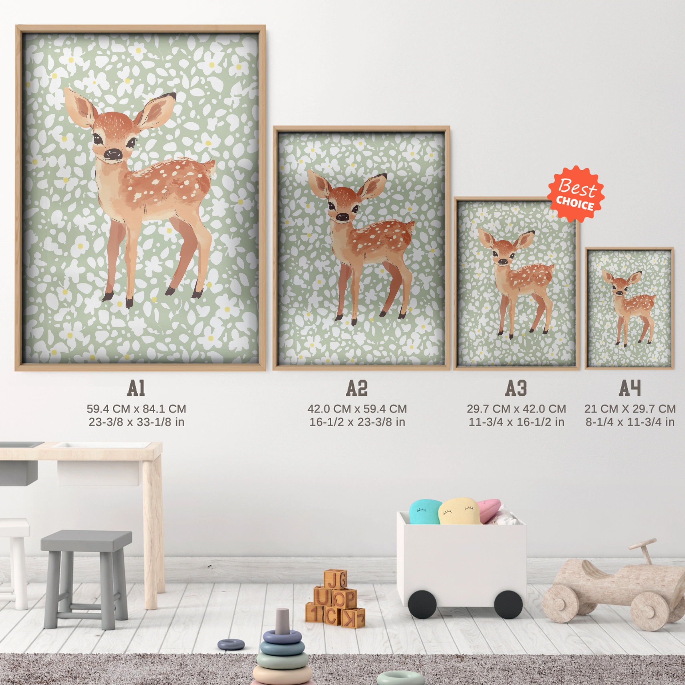 Woodland Fawn Nursery Print - size guide A4 A3 A2 A1 nursery print