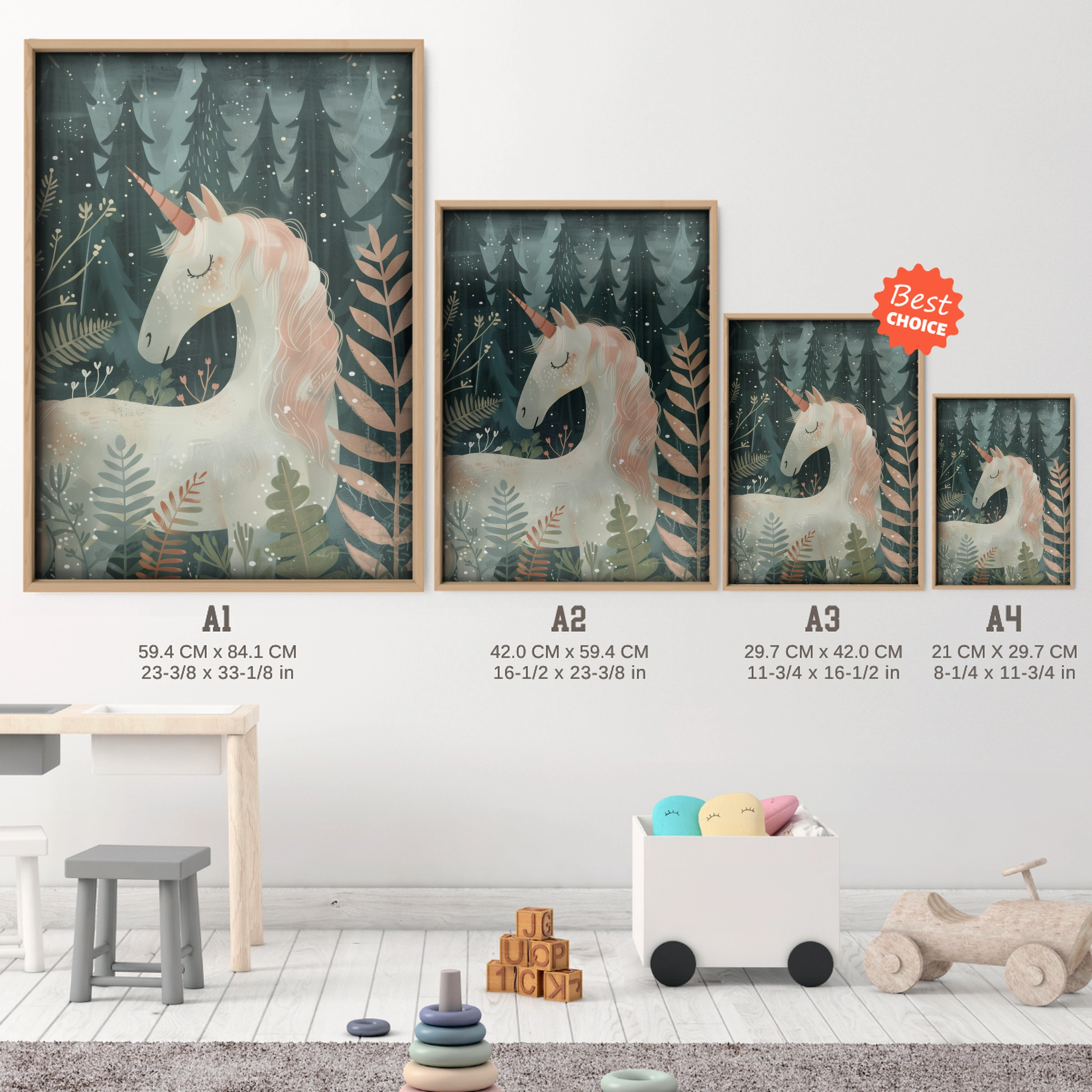 Woodland Unicorn Nursery Print - size guide A4 A3 A2 A1 nursery print