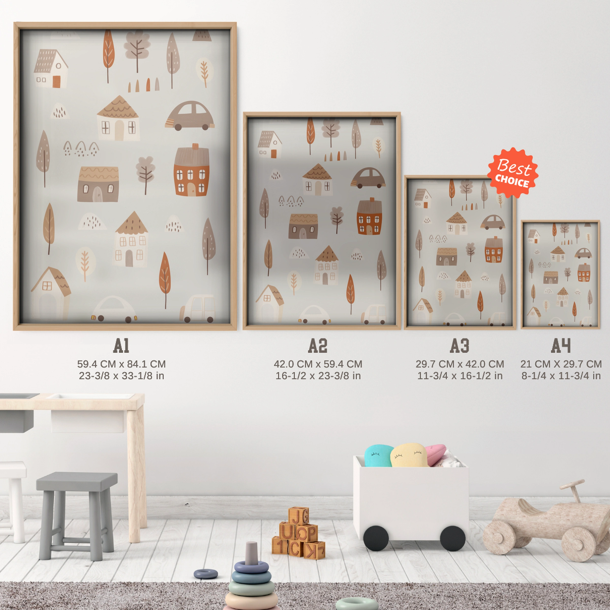 Woodland Village Nursery Print - size guide A4 A3 A2 A1 nursery print