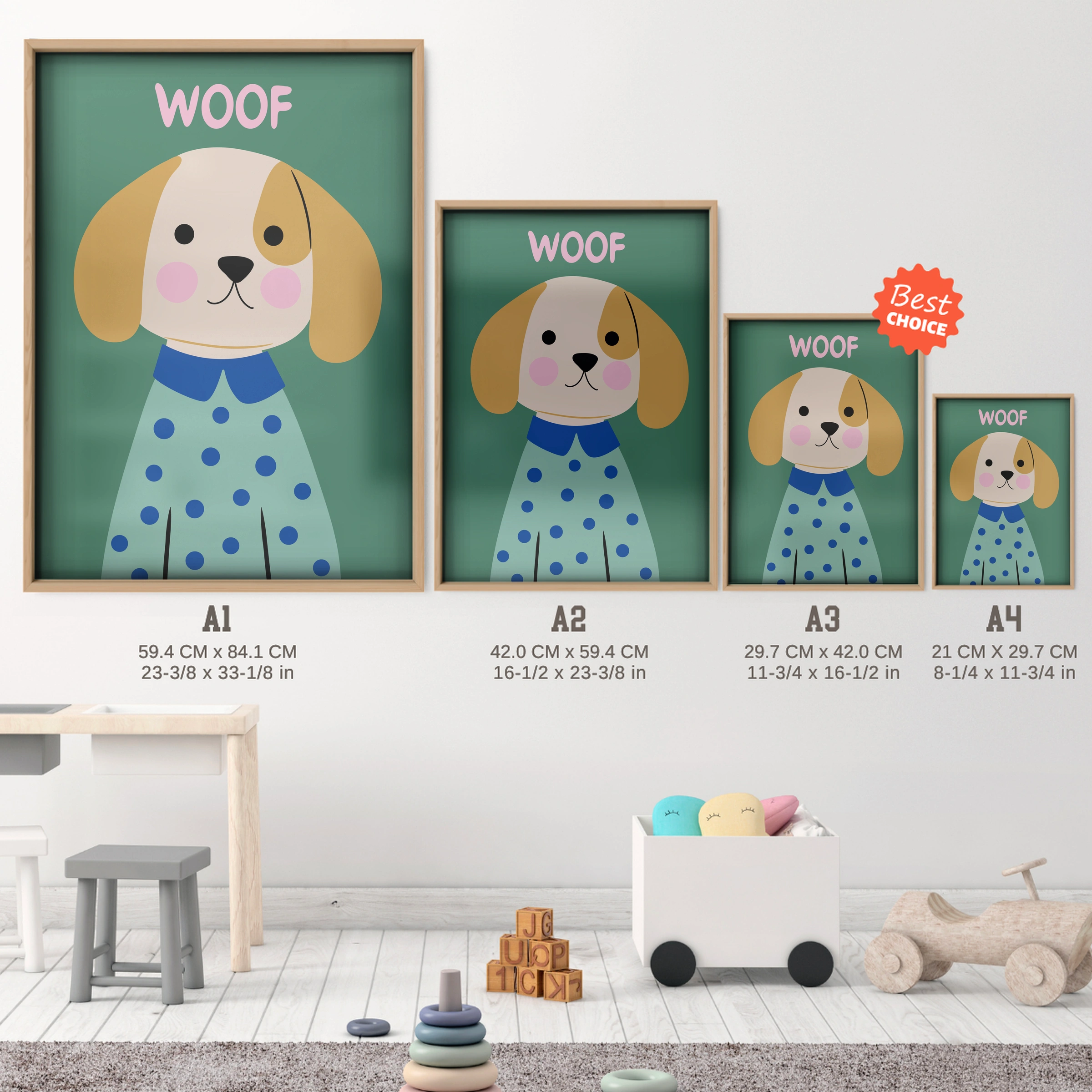 Woof Dog Nursery Print - size guide A4 A3 A2 A1 nursery print