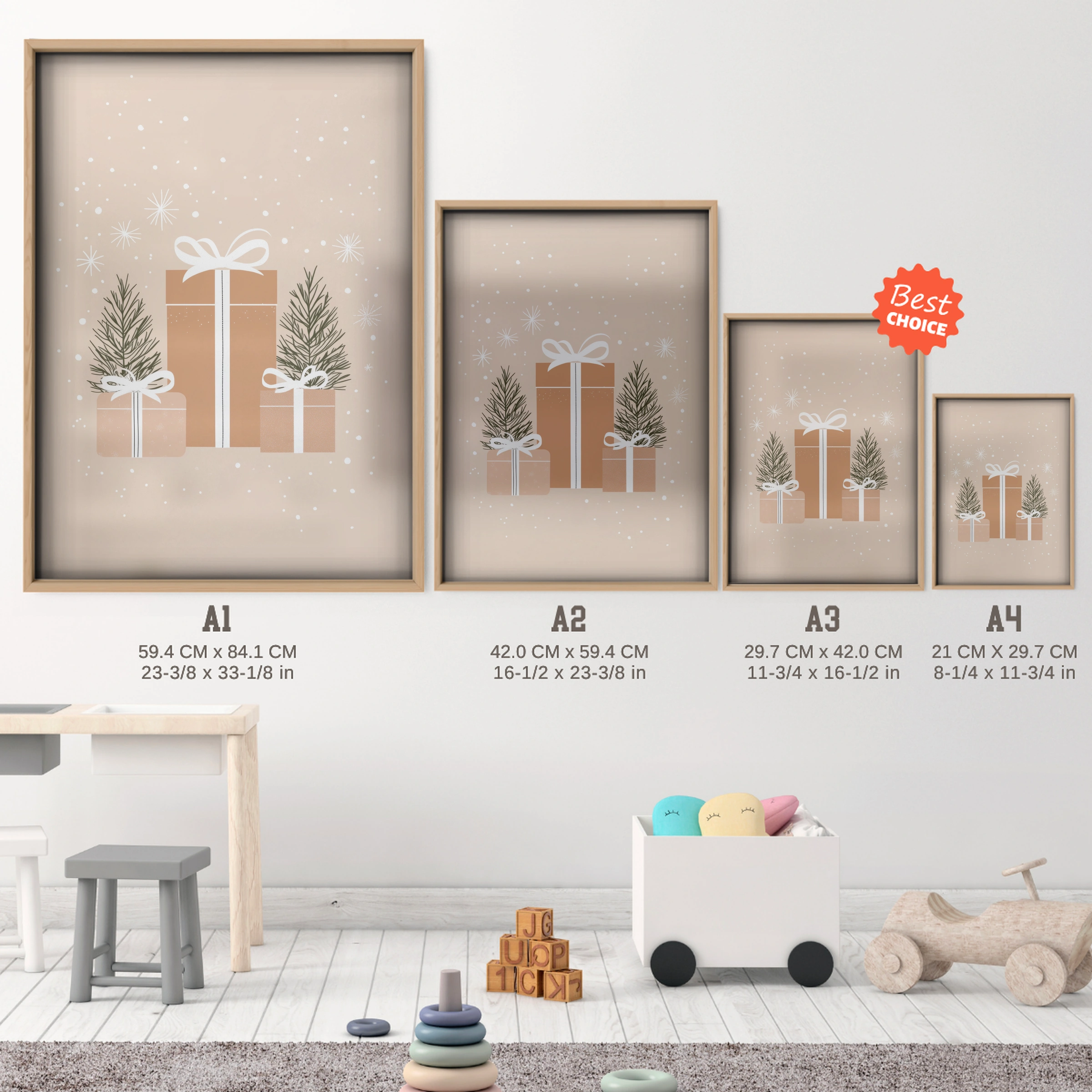 Wrapped Gifts Christmas Print - size guide A4 A3 A2 A1 nursery print