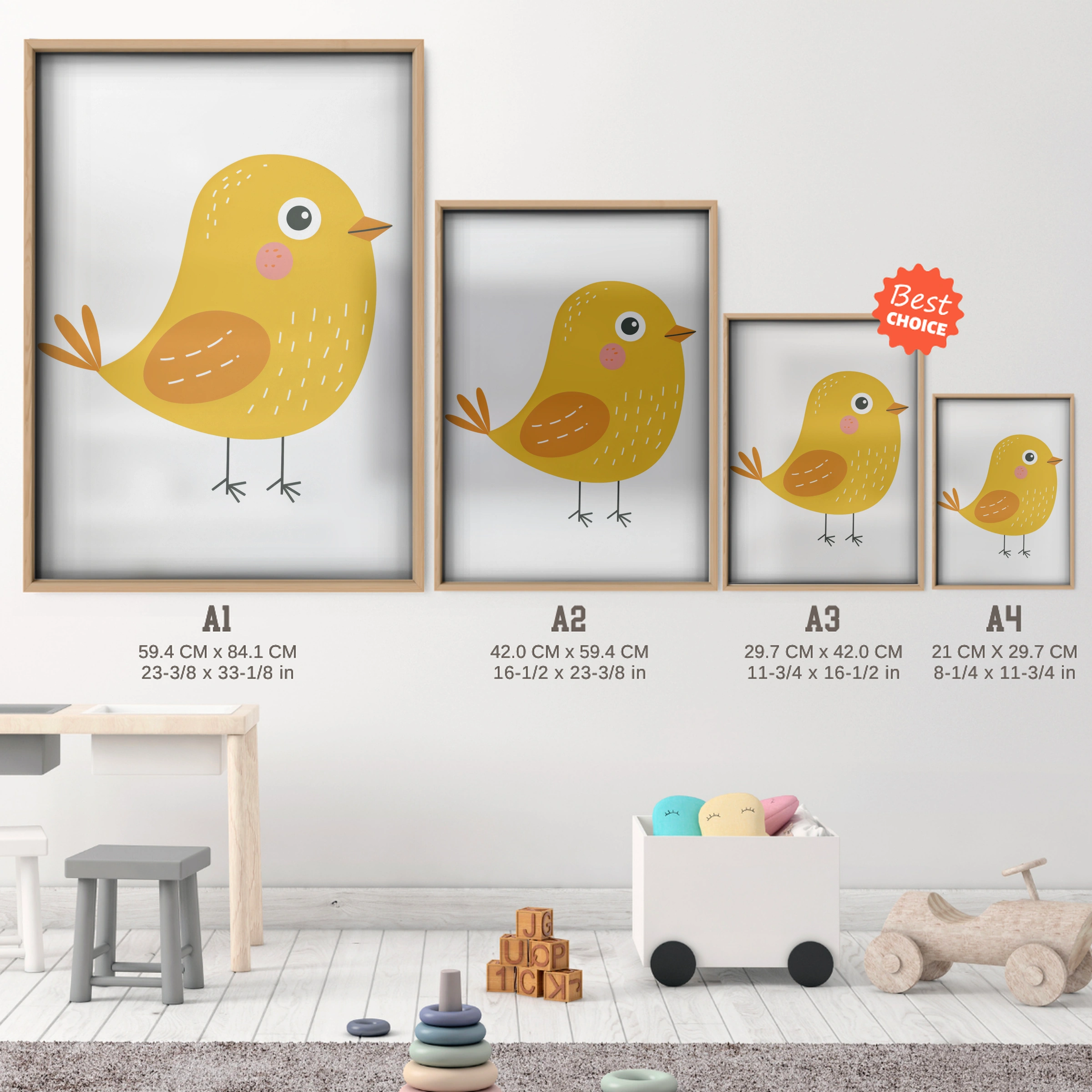 Yellow Bird Nursery Print - size guide A4 A3 A2 A1 nursery print