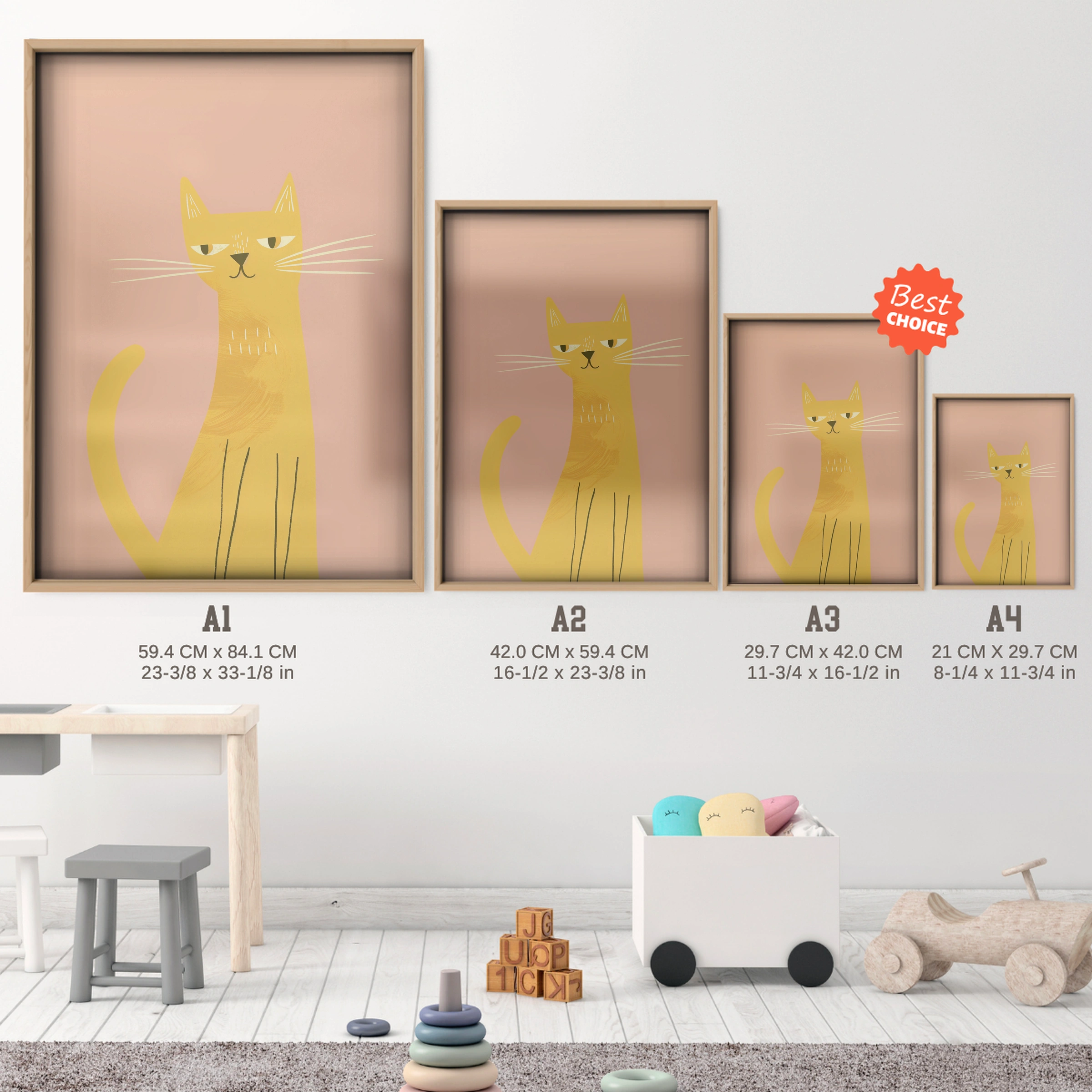 Yellow Cat Nursery Print - size guide A4 A3 A2 A1 nursery print