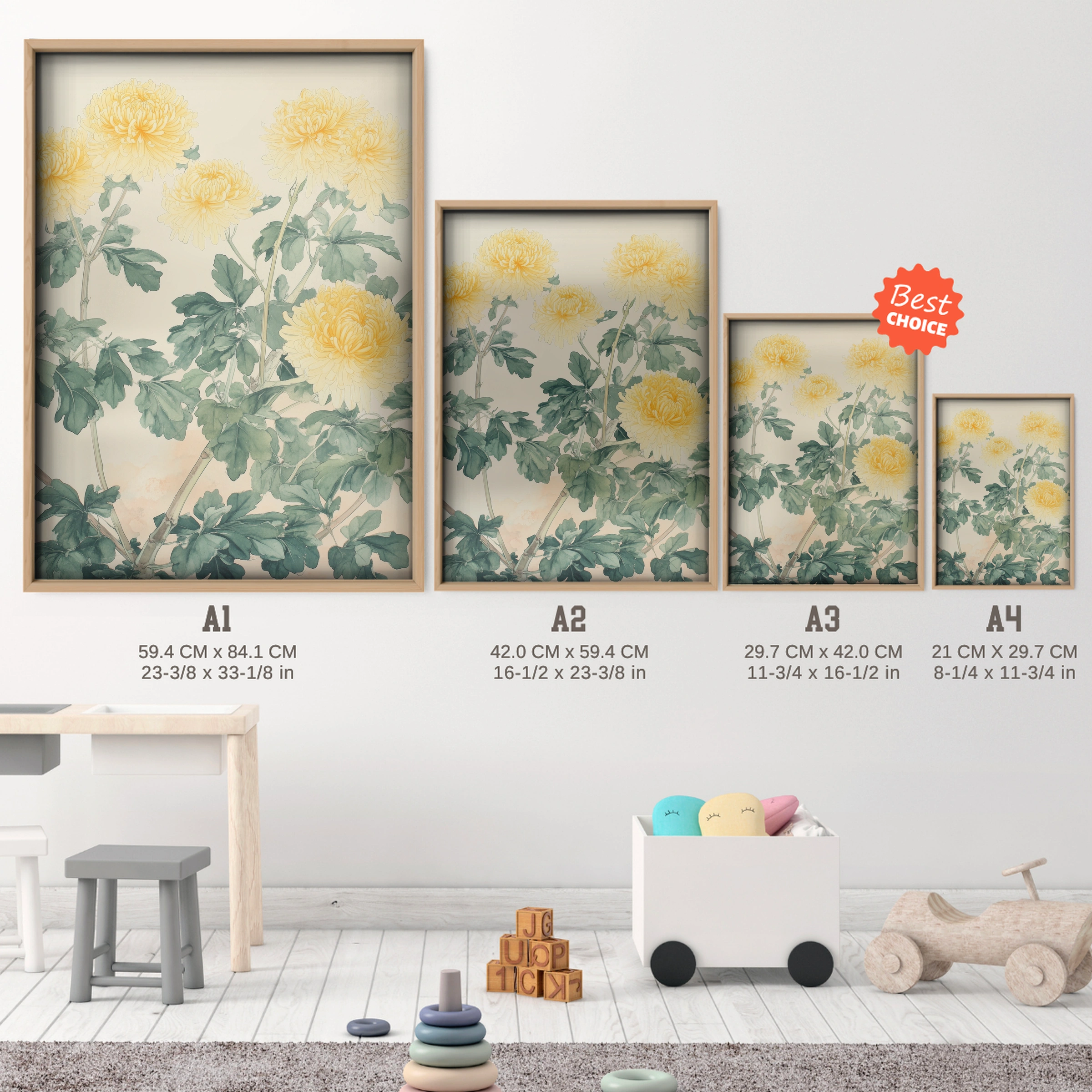 Yellow Chrysanthemums Nursery Print - size guide A4 A3 A2 A1 nursery print