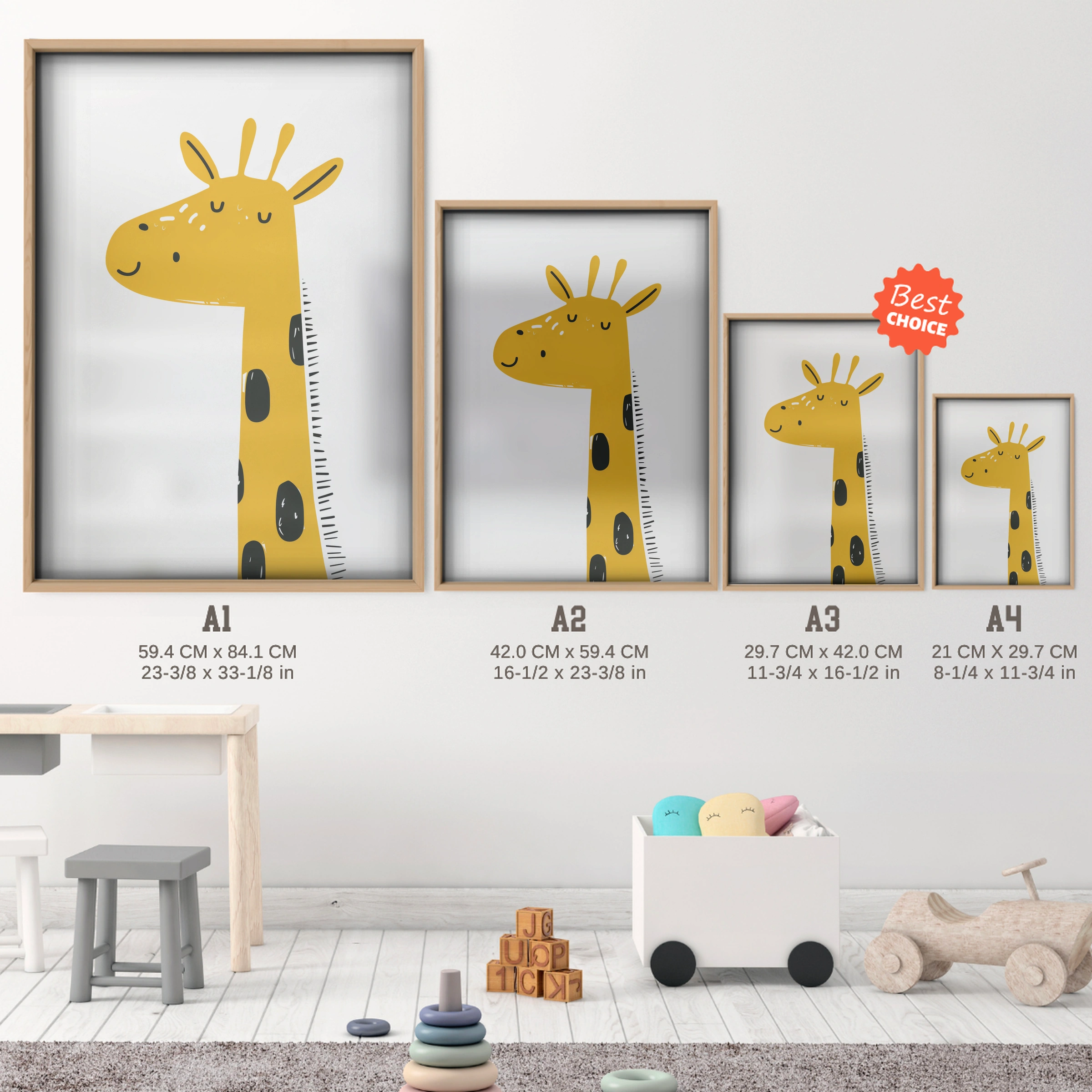 Yellow Giraffe Nursery Print - size guide A4 A3 A2 A1 nursery print