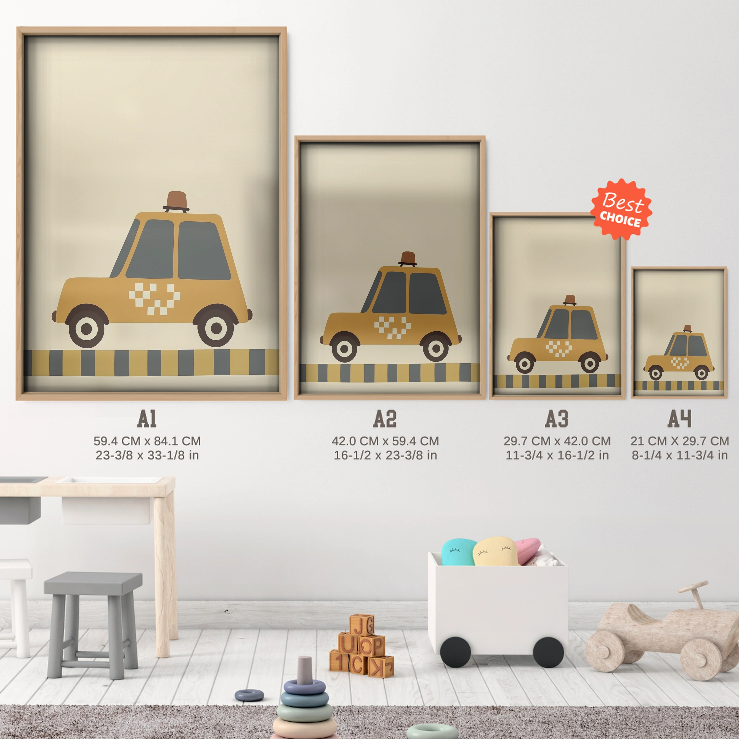 Yellow Taxi Cab Nursery Print - size guide A4 A3 A2 A1 nursery print