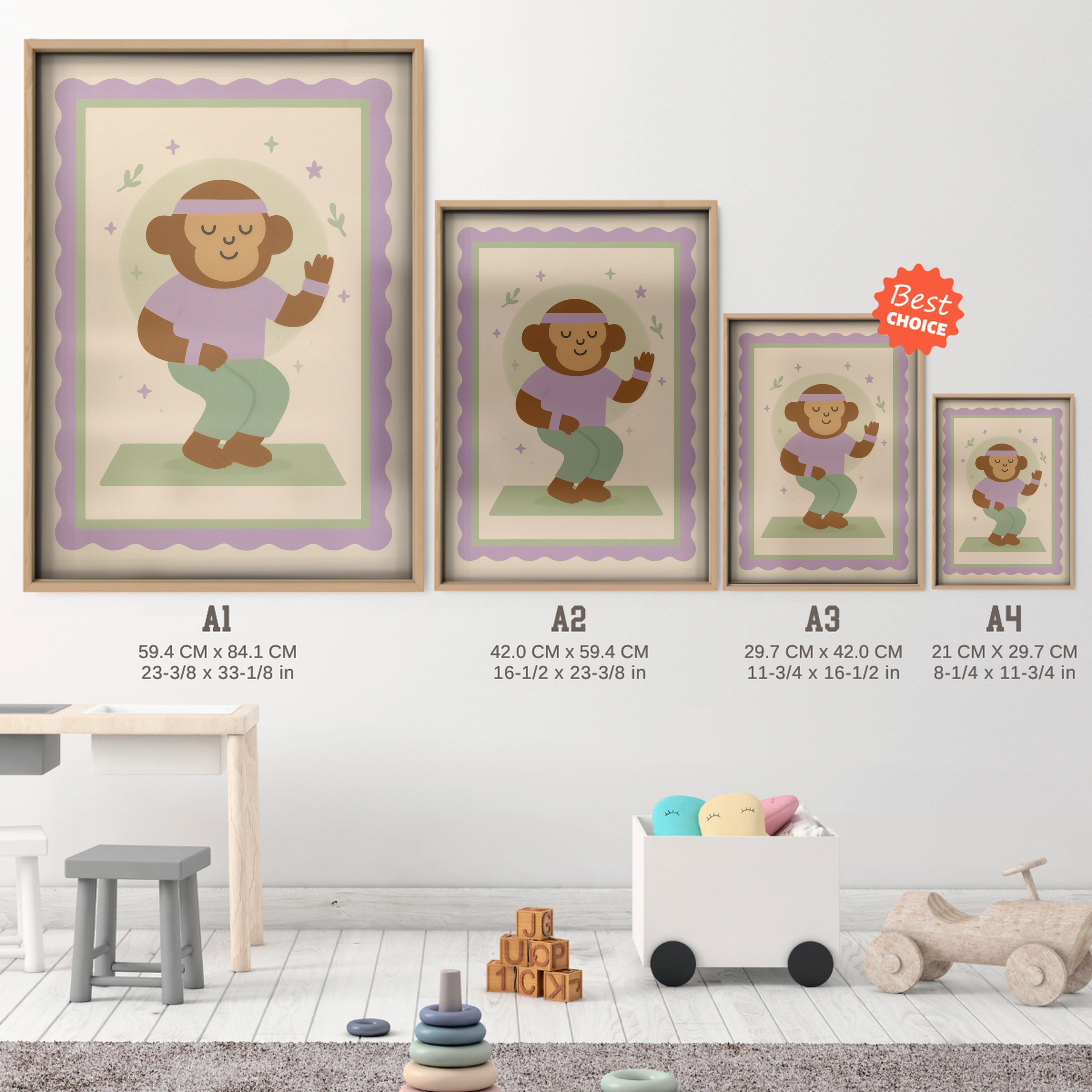 Yoga Monkey Nursery Print - size guide A4 A3 A2 A1 nursery print