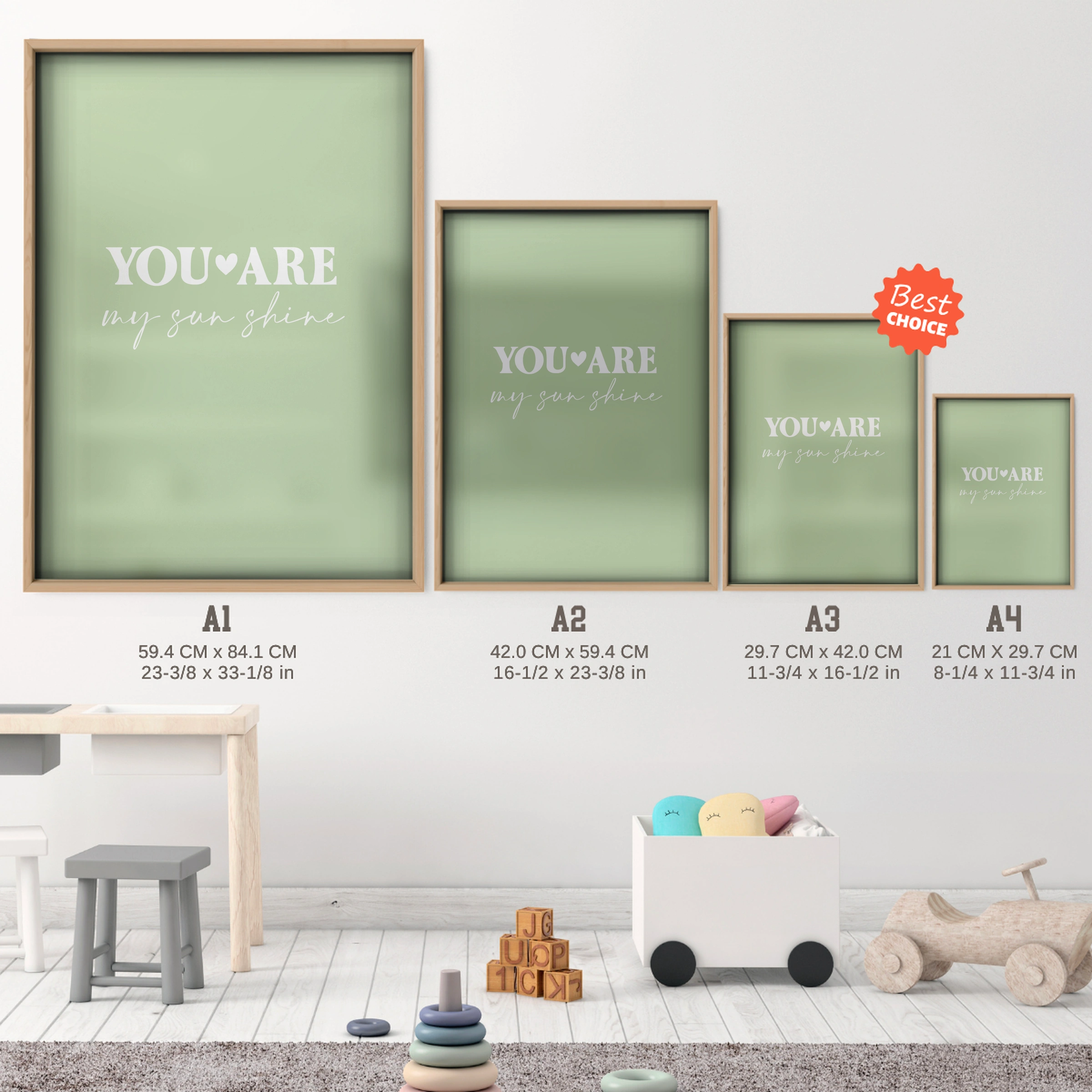 You Are My Sunshine Green Nursery Print - size guide A4 A3 A2 A1 nursery print