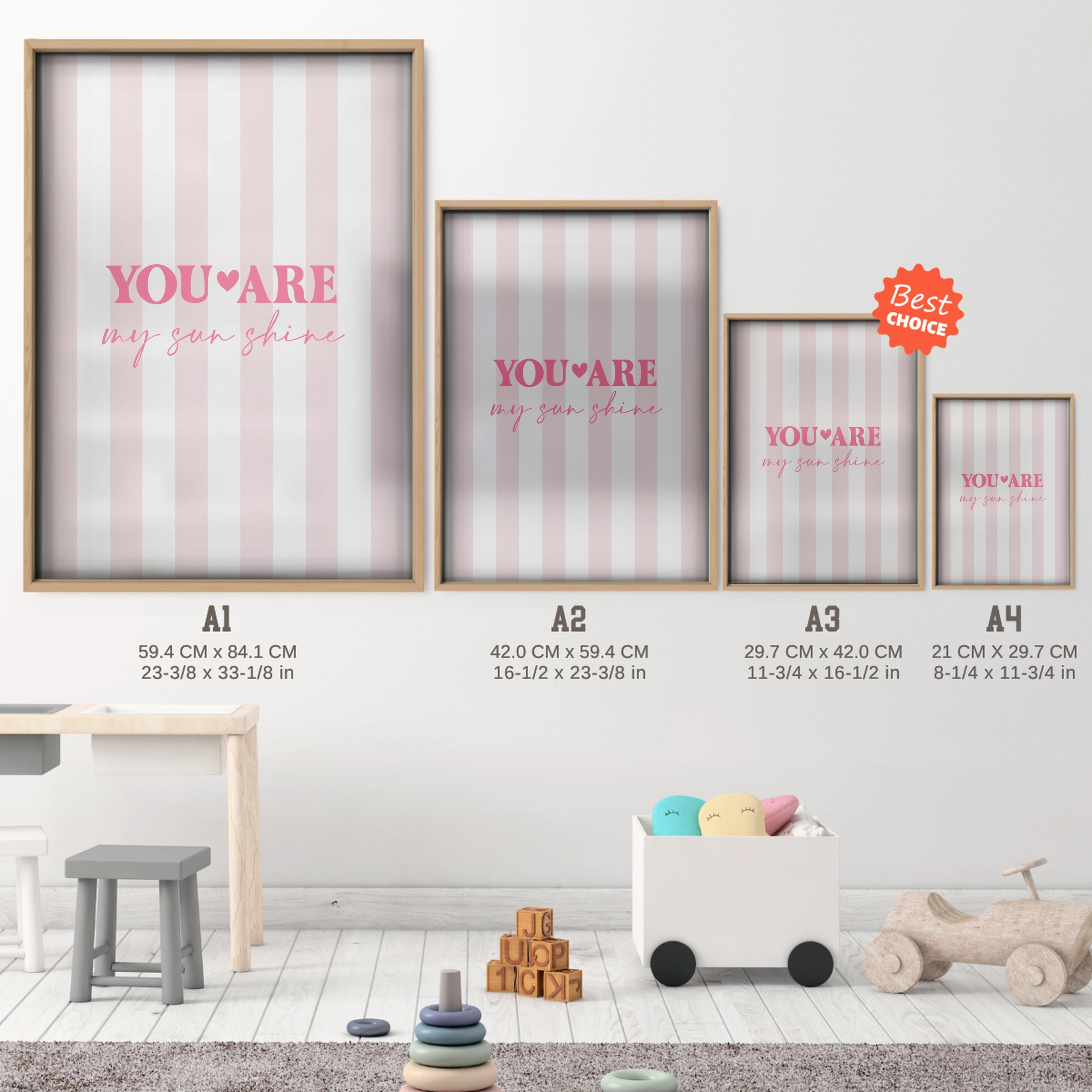 You Are My Sunshine Pink Nursery Print - size guide A4 A3 A2 A1 nursery print