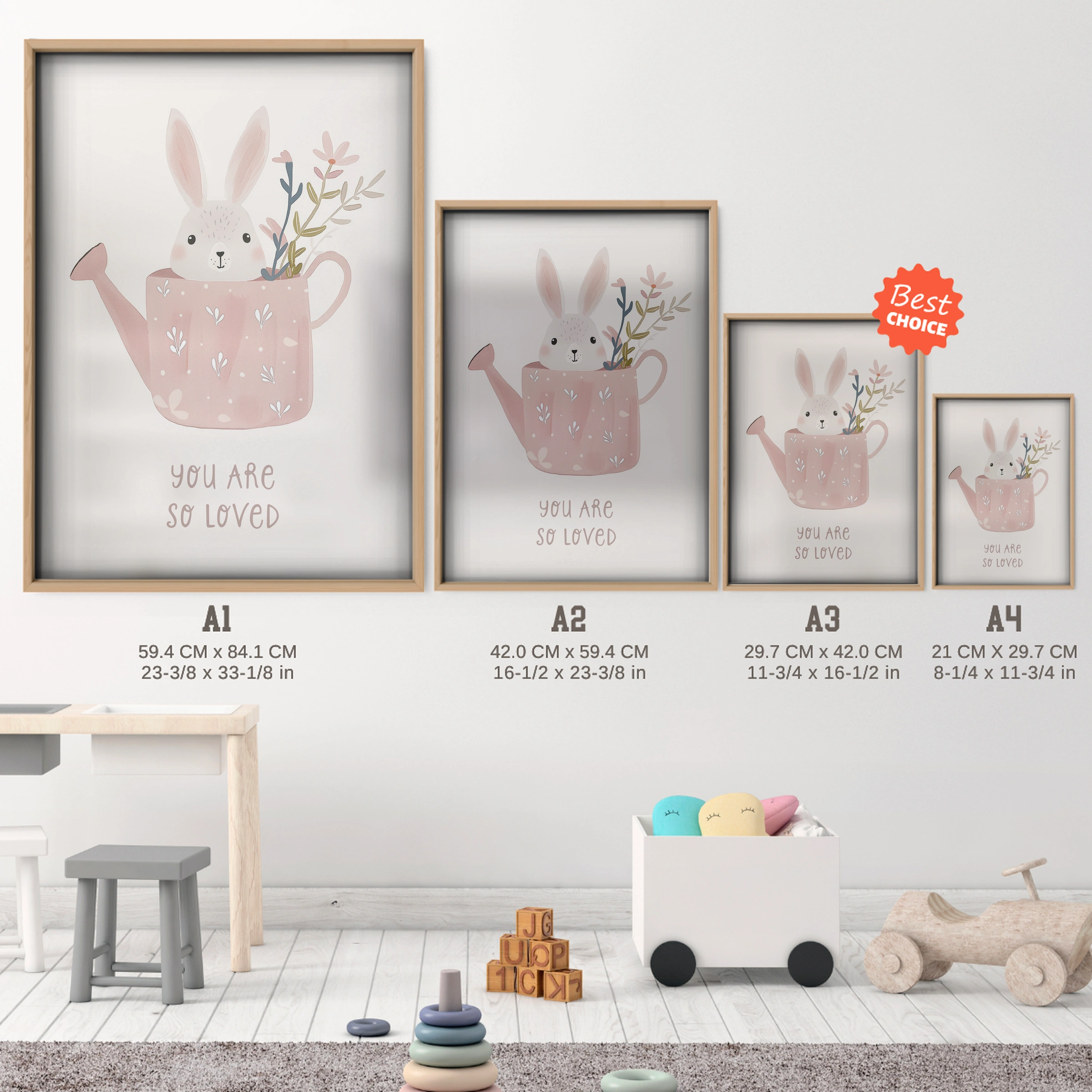 You Are So Loved Bunny Nursery Print - size guide A4 A3 A2 A1 nursery print