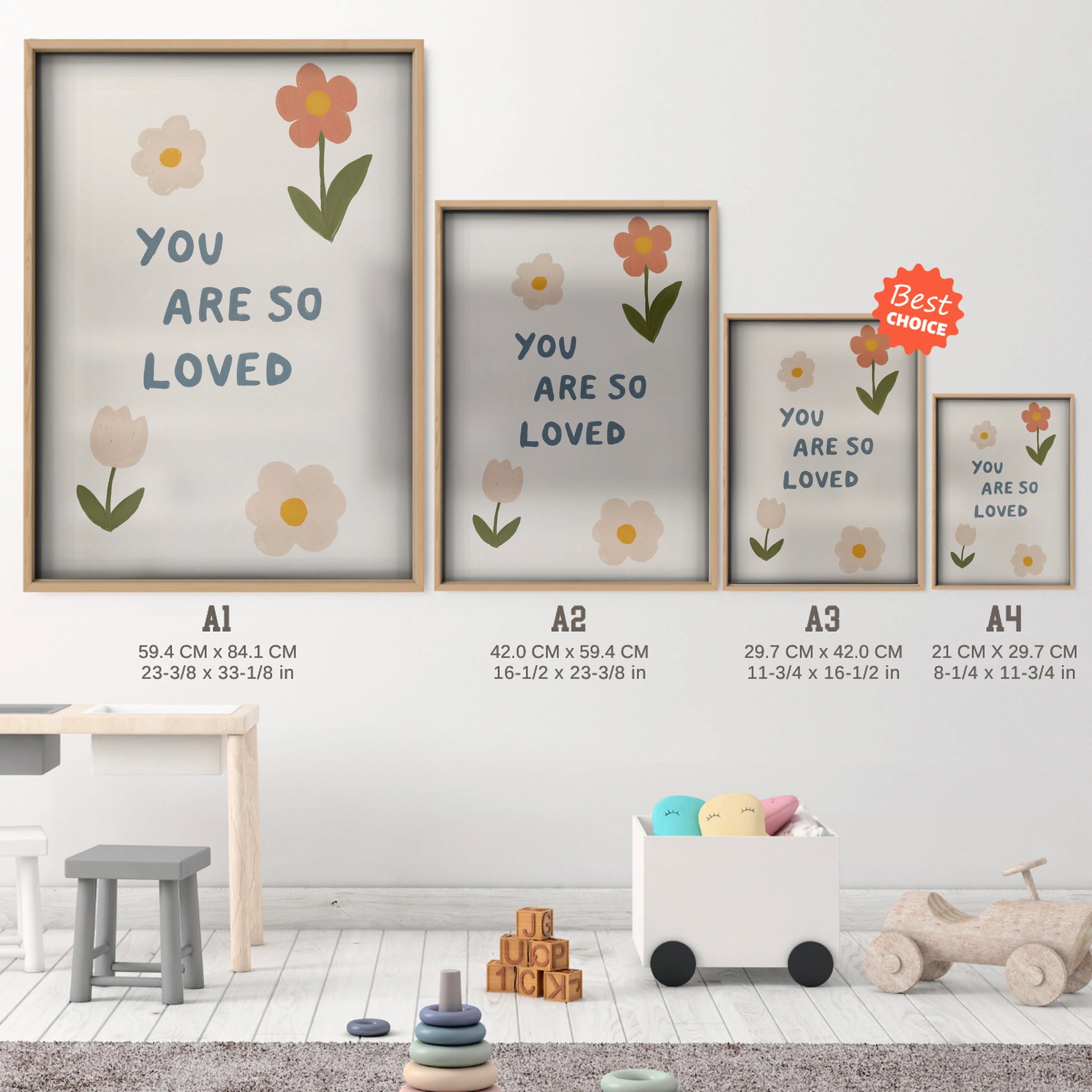 You Are So Loved Daisies Nursery Print - size guide A4 A3 A2 A1 nursery print