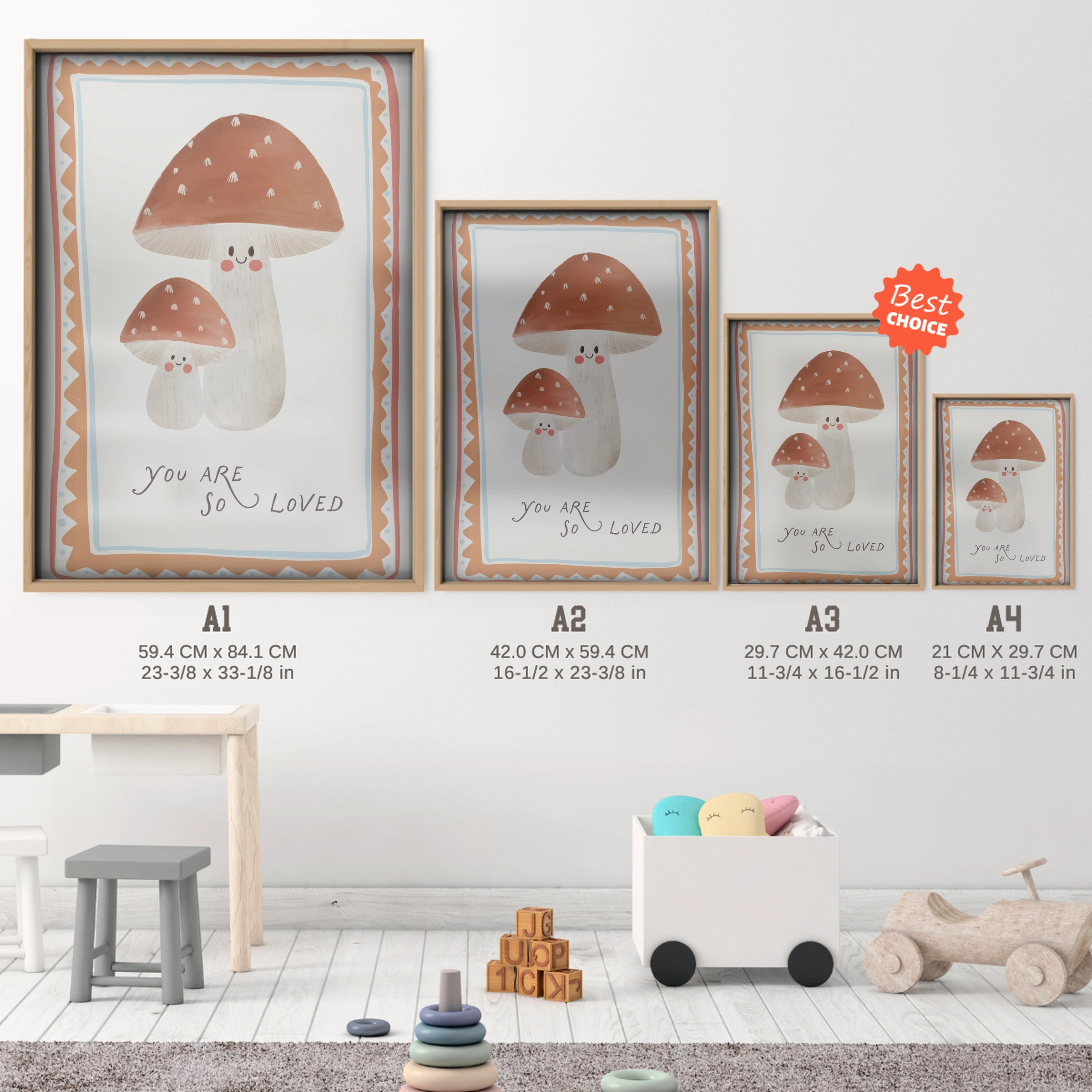 You Are So Loved Toadstool Nursery Print - size guide A4 A3 A2 A1 nursery print