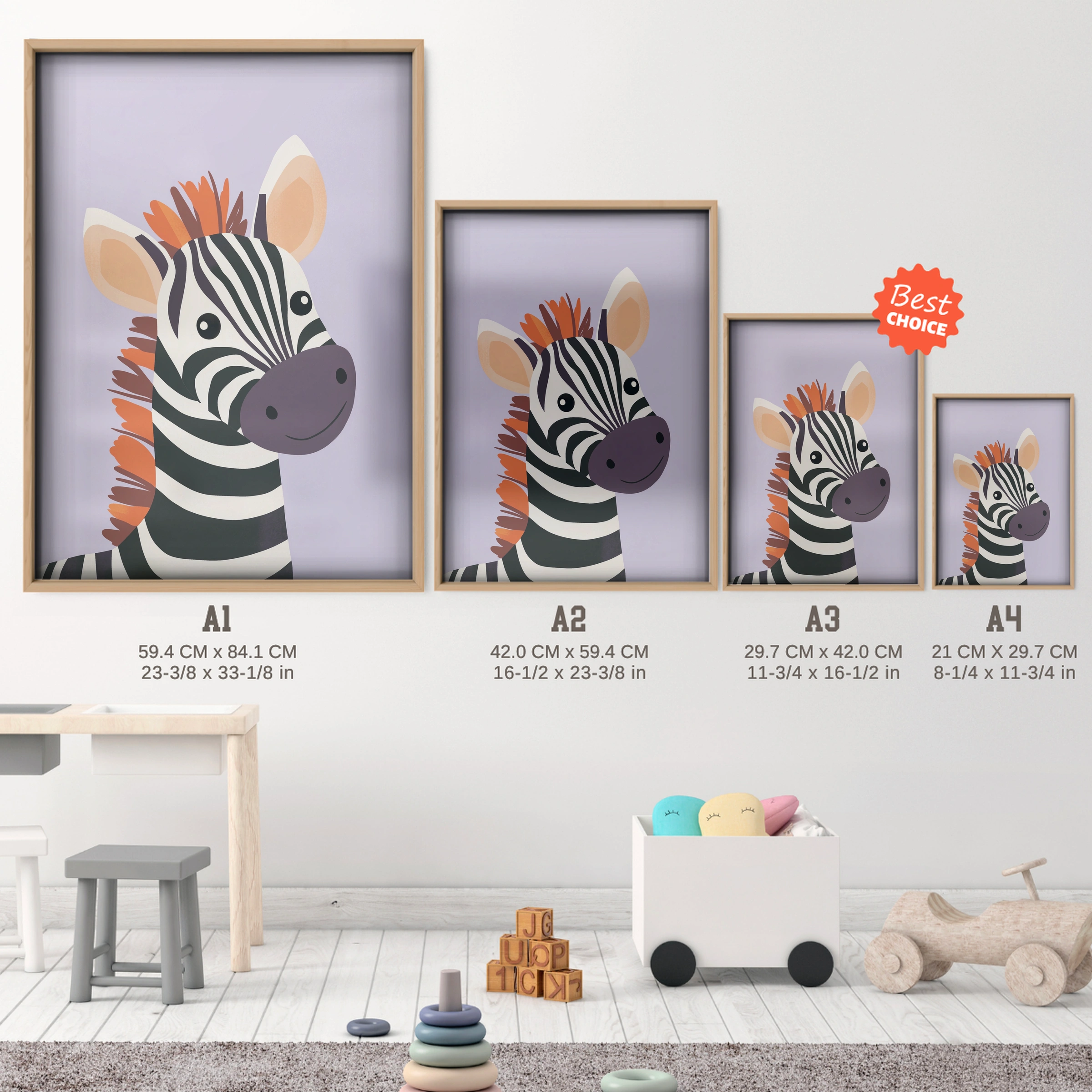 Zebra Foal Nursery Print - size guide A4 A3 A2 A1 nursery print