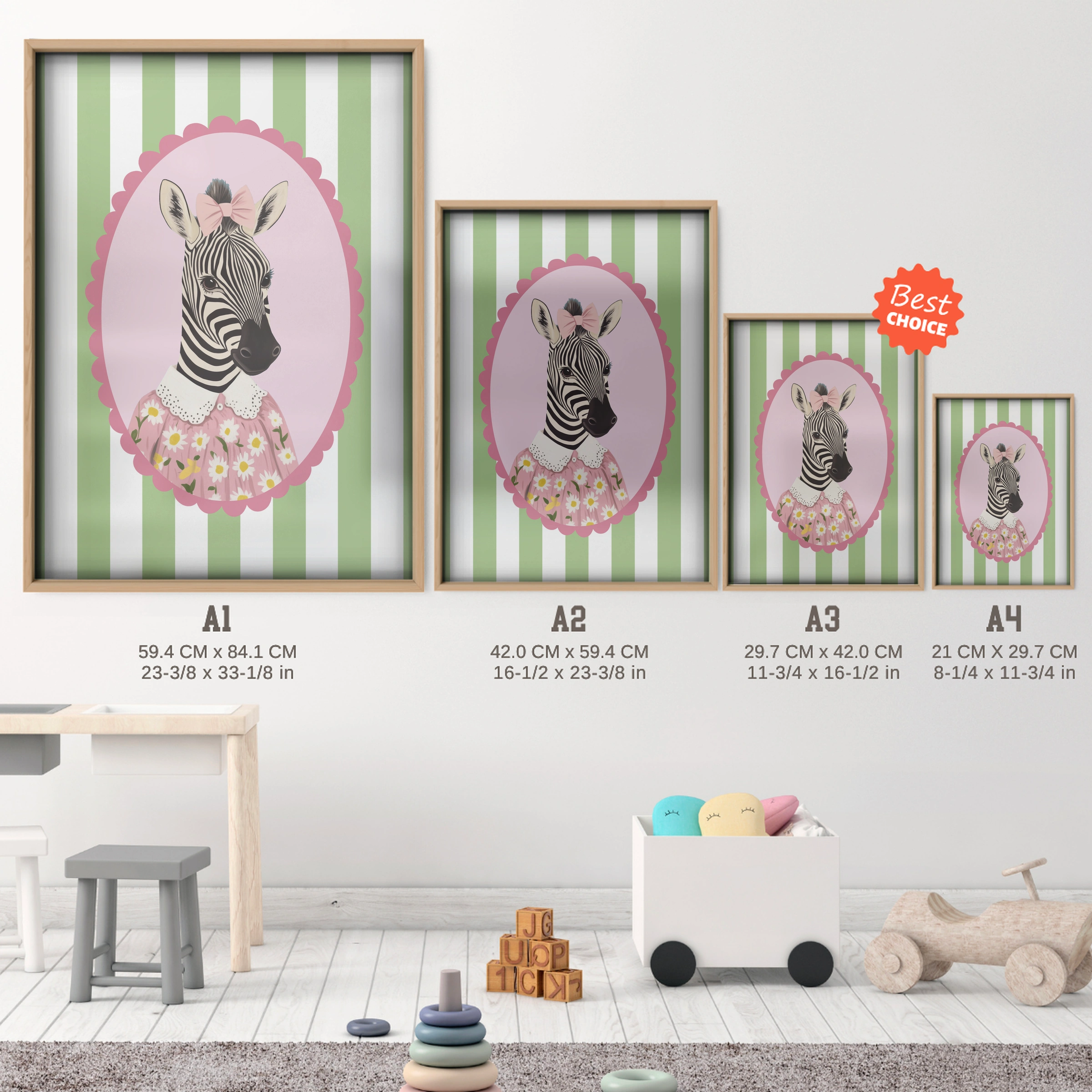 Zebra in a Dress Nursery Print - size guide A4 A3 A2 A1 nursery print