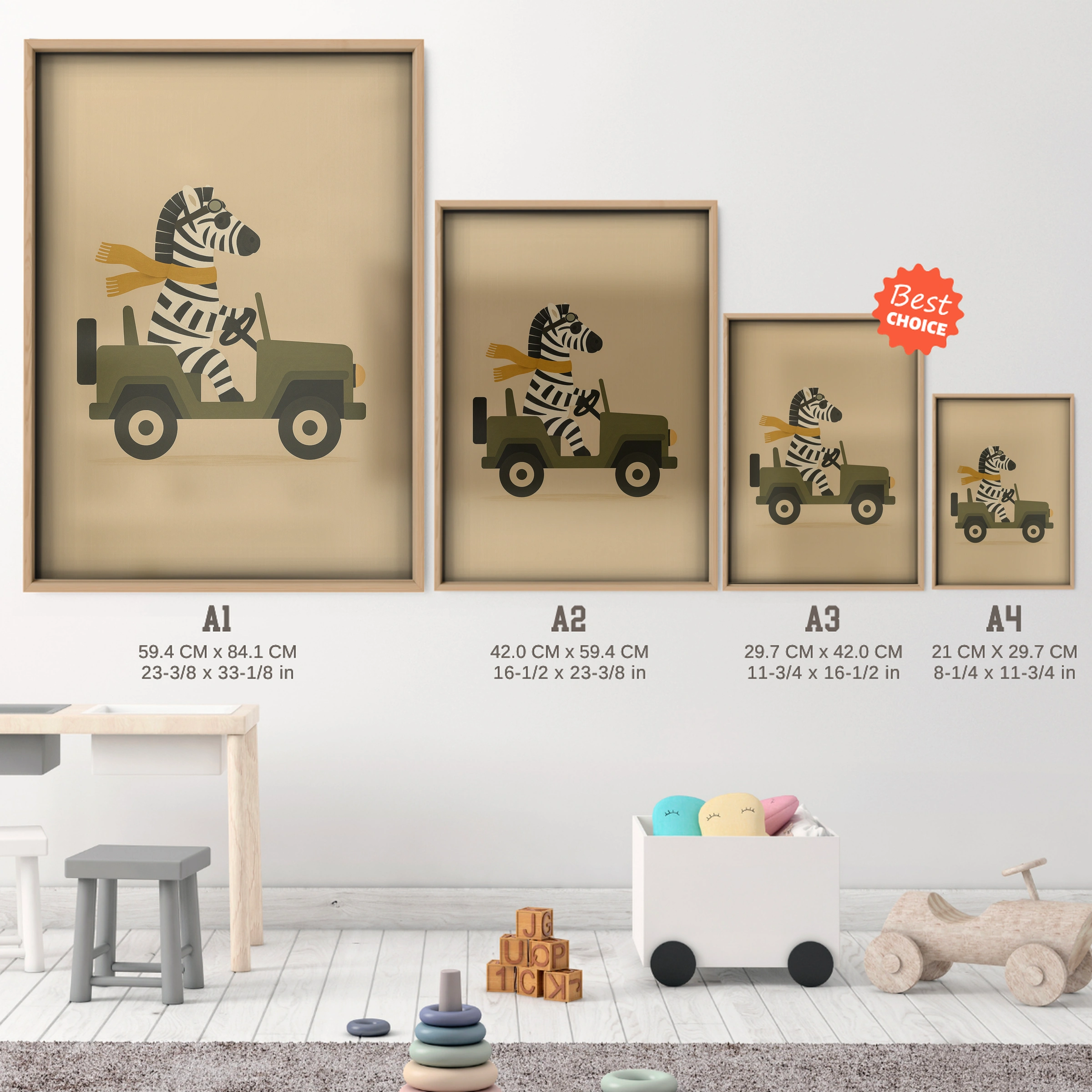 Zebra in a Jeep Nursery Print - size guide A4 A3 A2 A1 nursery print