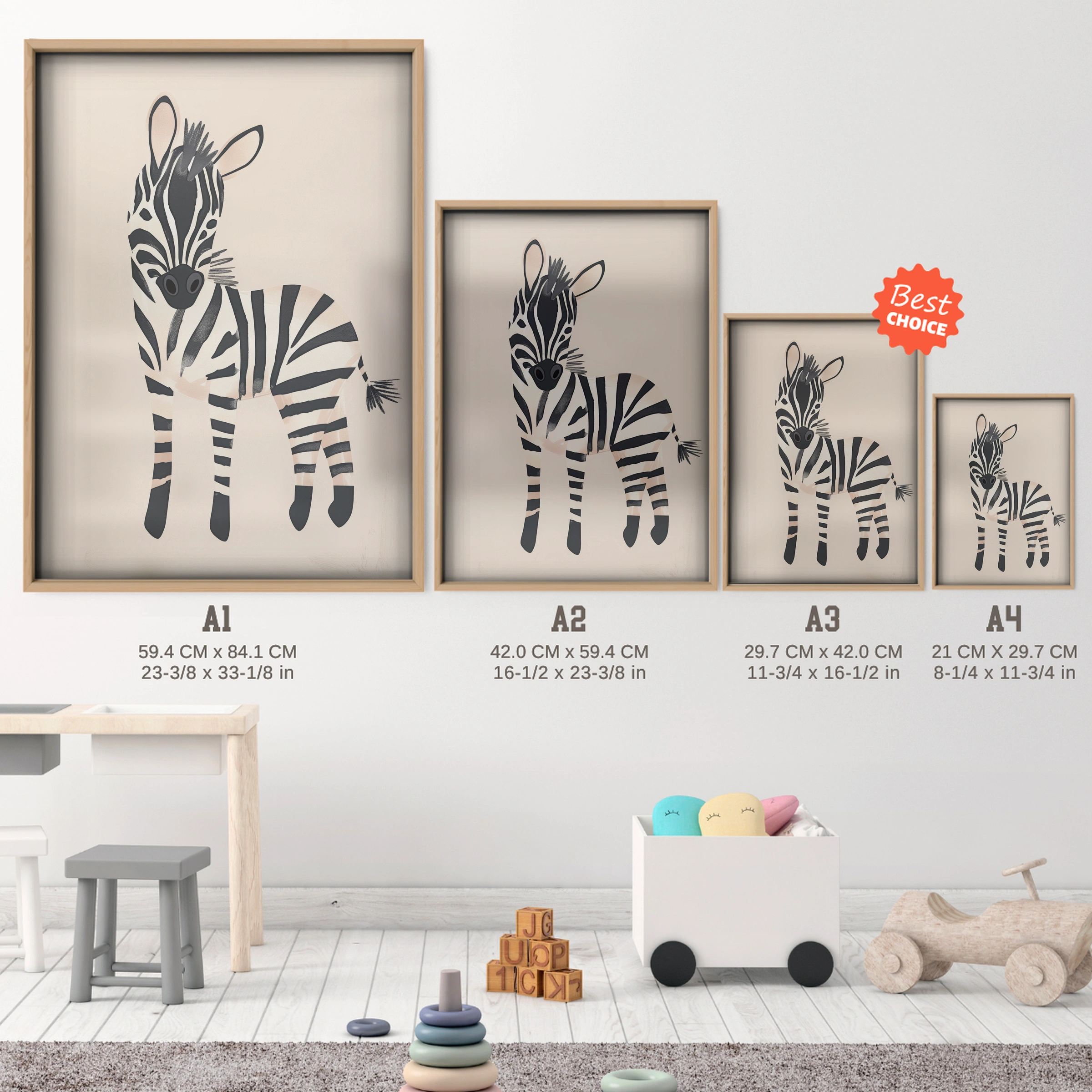 Zebra Nursery Print - size guide A4 A3 A2 A1 nursery print