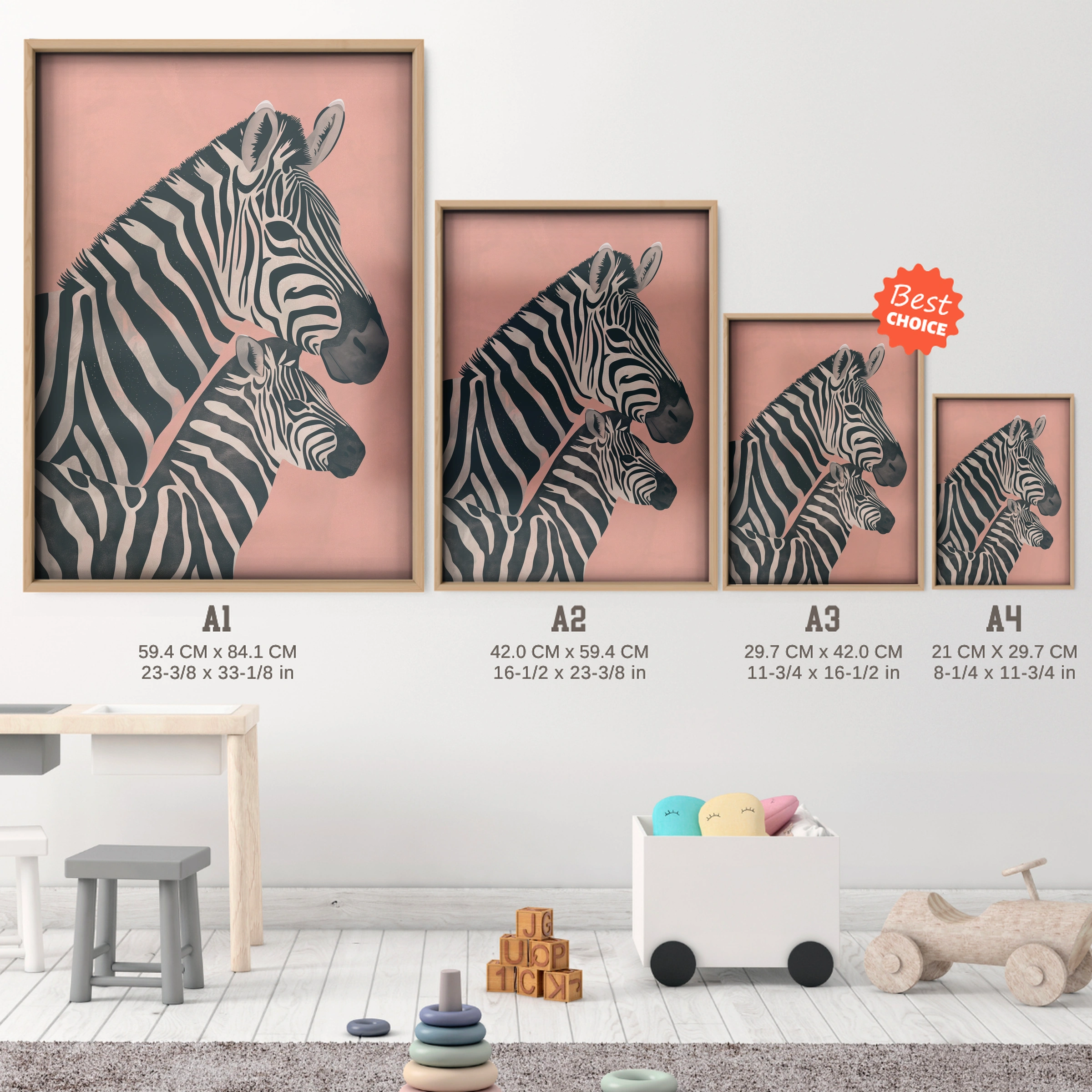 Zebras Nursery Print - size guide A4 A3 A2 A1 nursery print