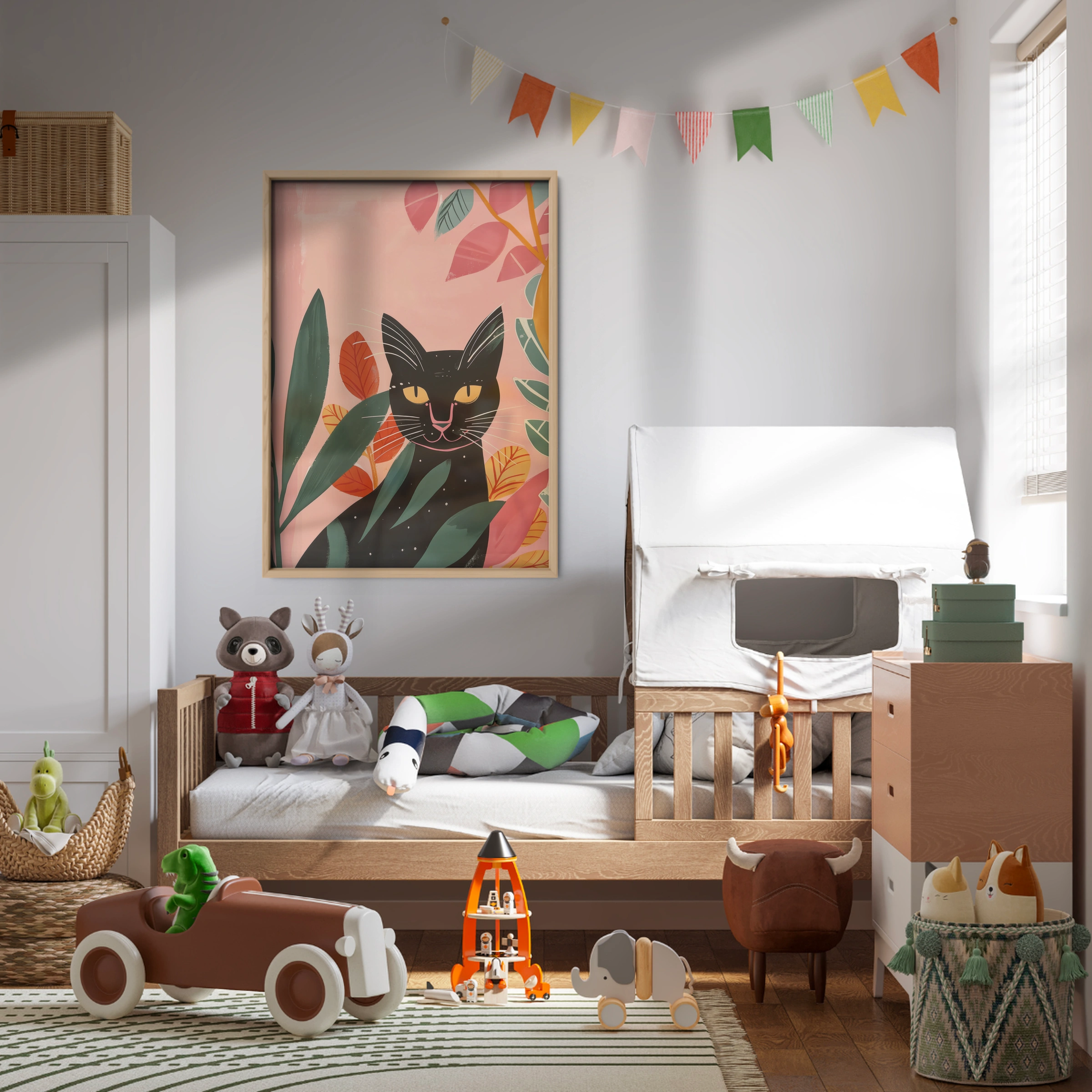 Black Cat in Flowers Nursery Print