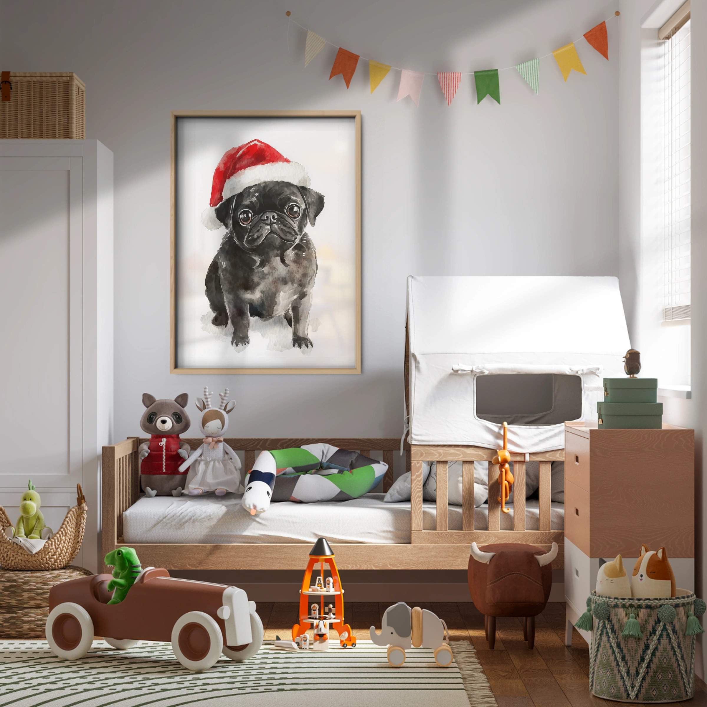 Black Pug in a Santa Hat Christmas Print