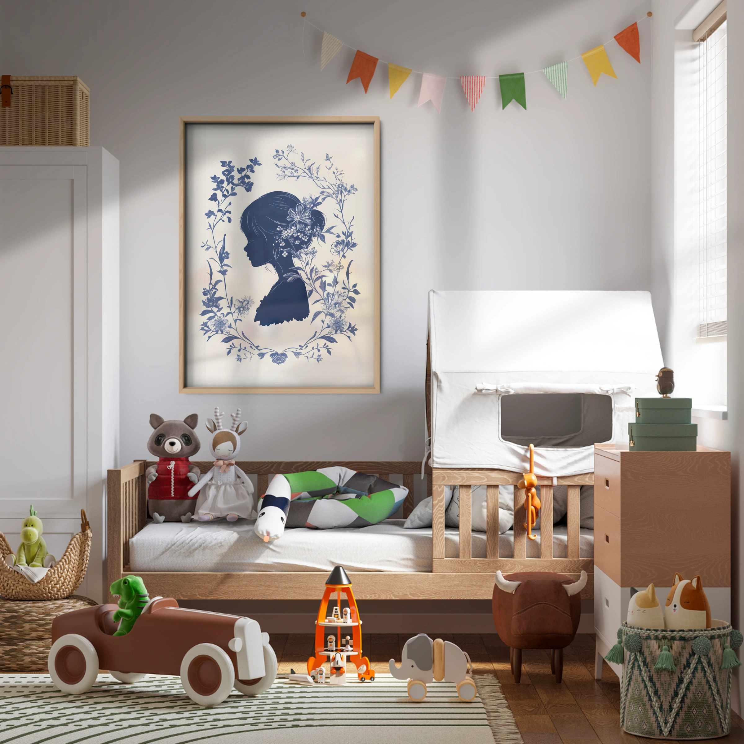 Blue Floral Silhouette Nursery Print
