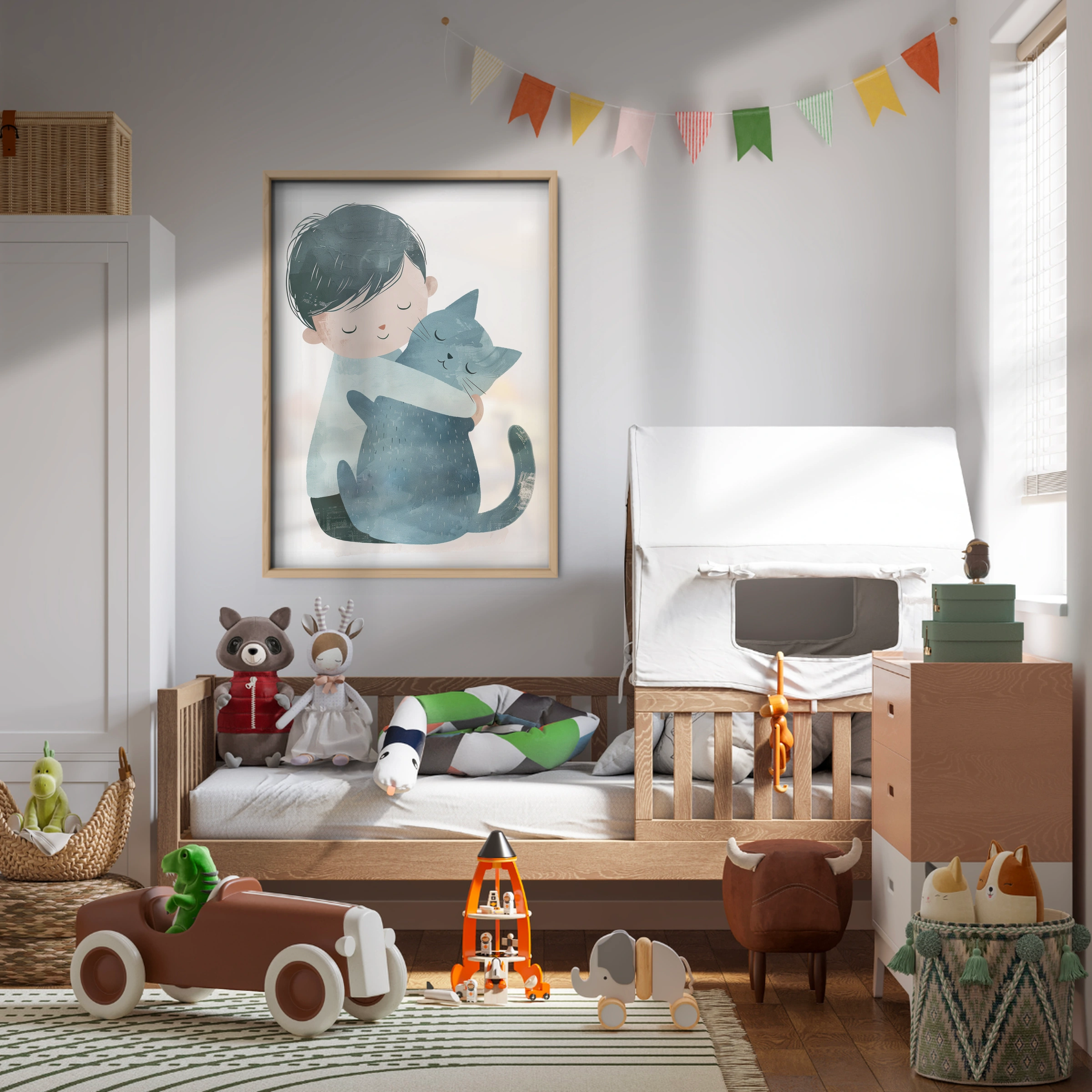 Boy Hugging a Cat Nursery Print