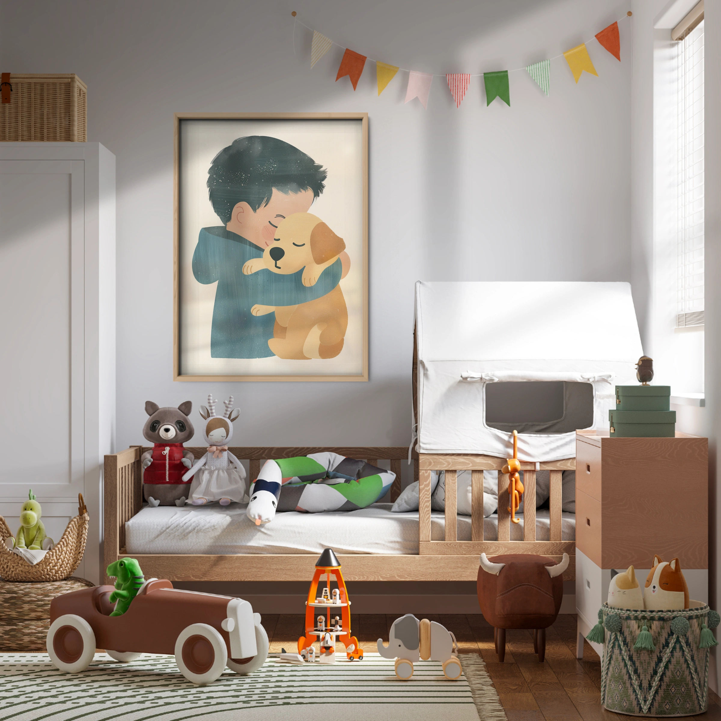 Boy Hugging a Puppy Nursery Print