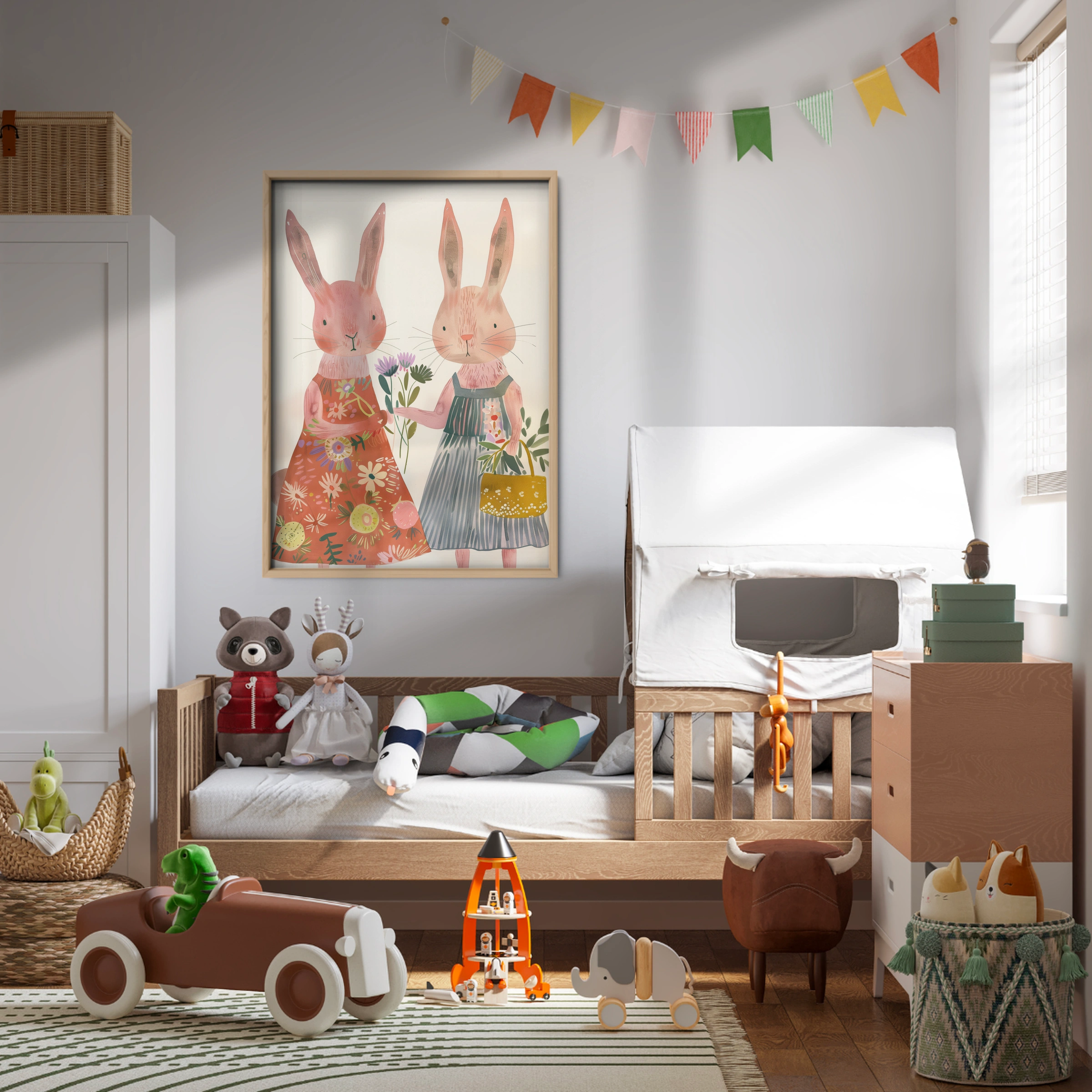 Bunnies with Flowers Nursery Print