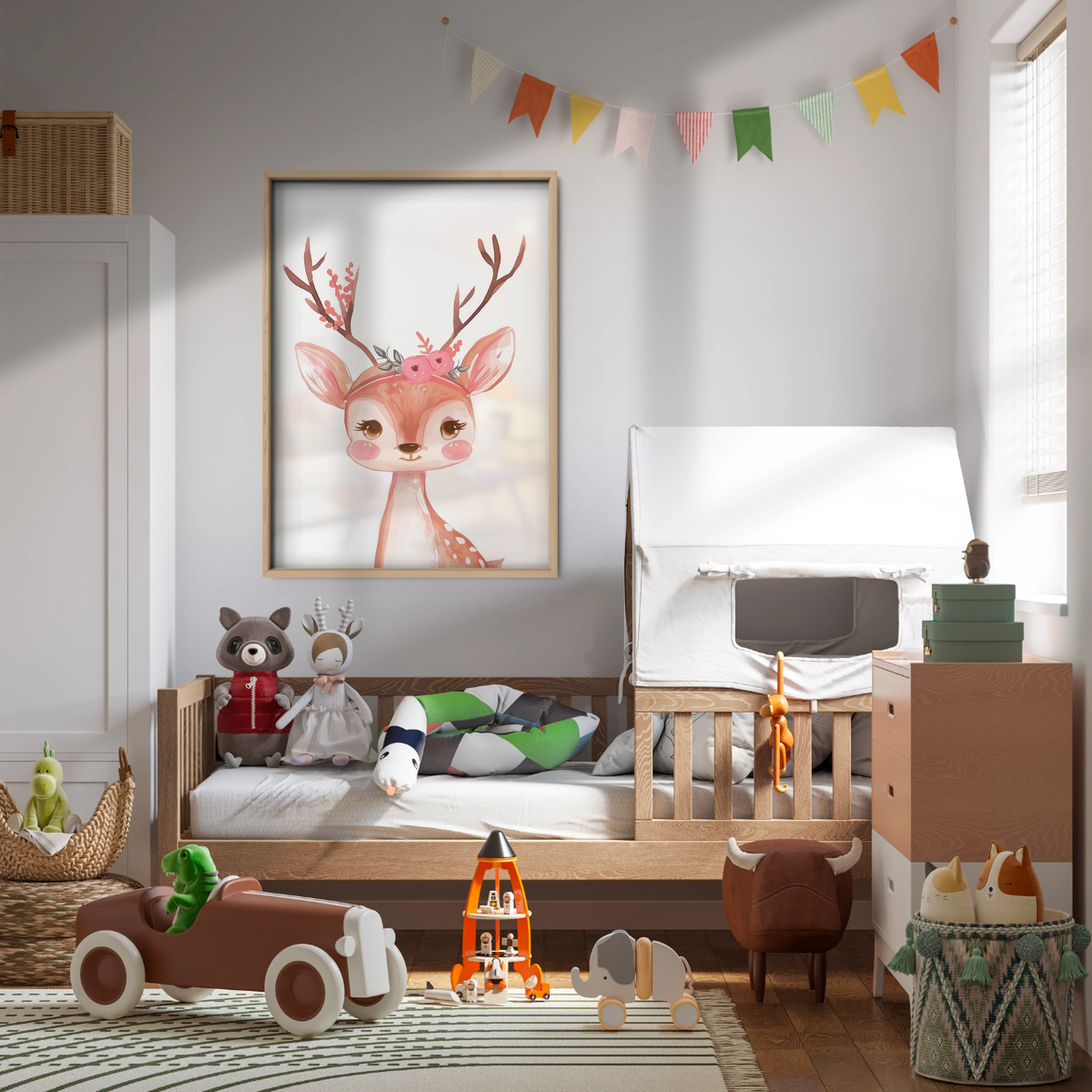 Deer with Flowers Nursery Print