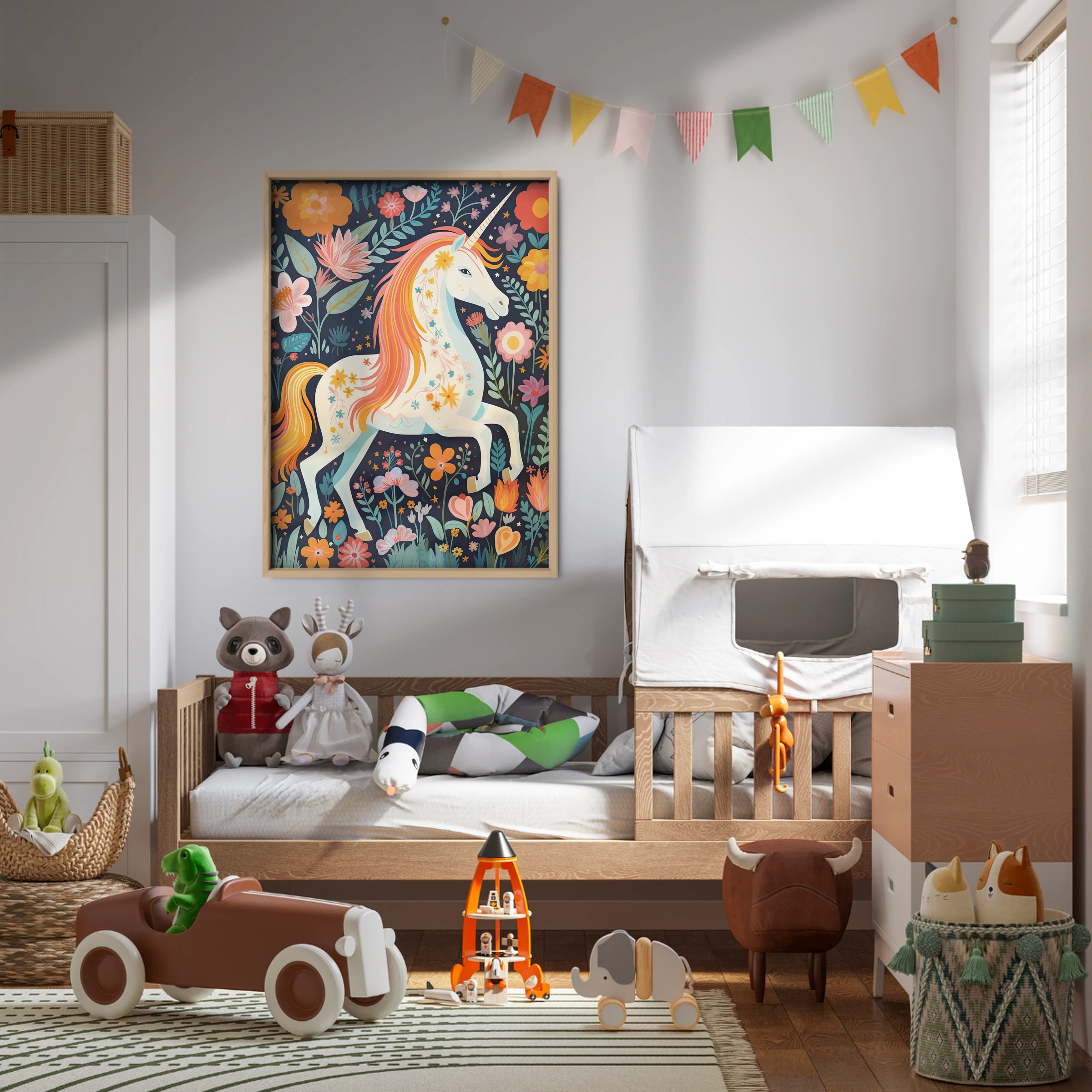 Folk Flower Unicorn Nursery Print