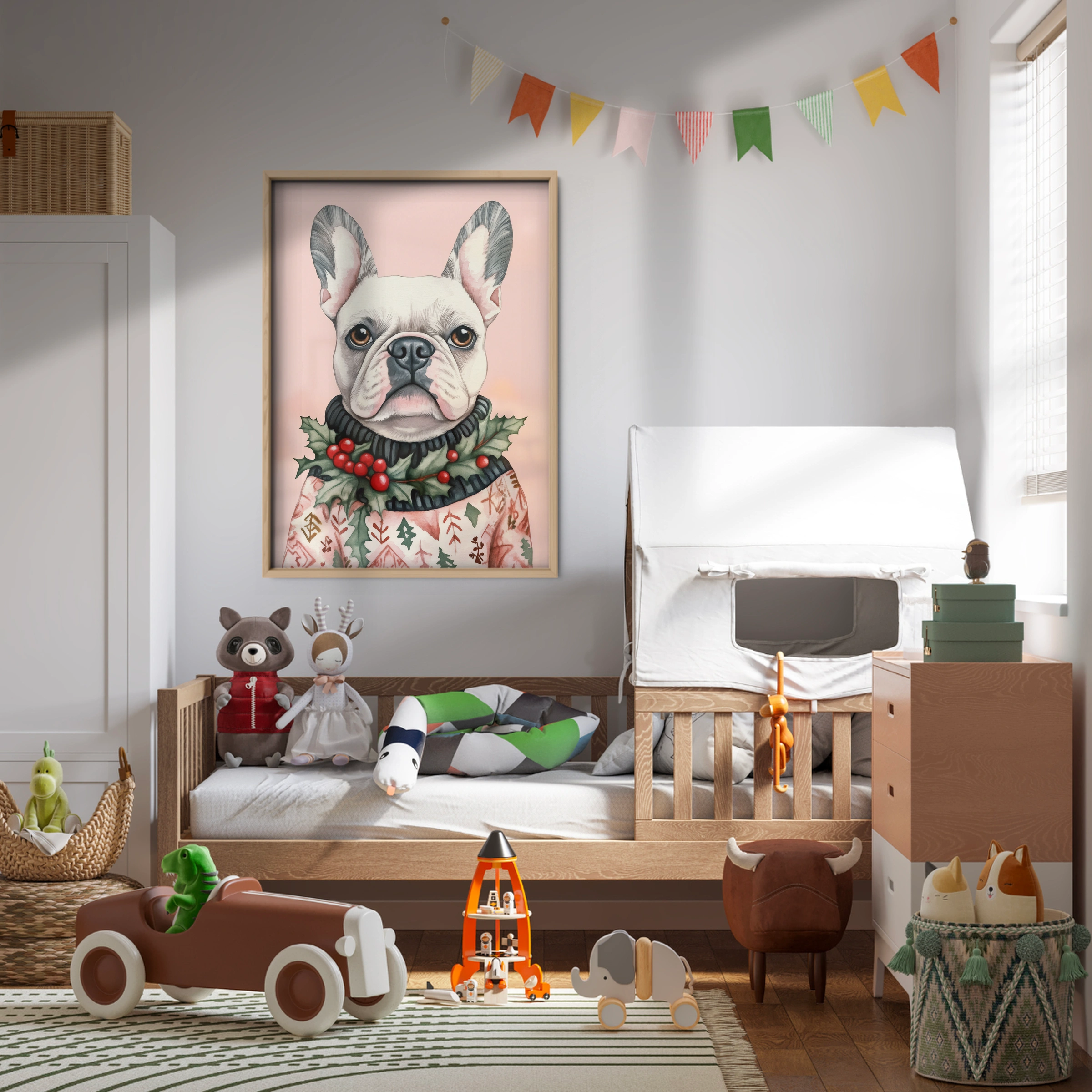 French Bulldog with a Wreath Christmas Print