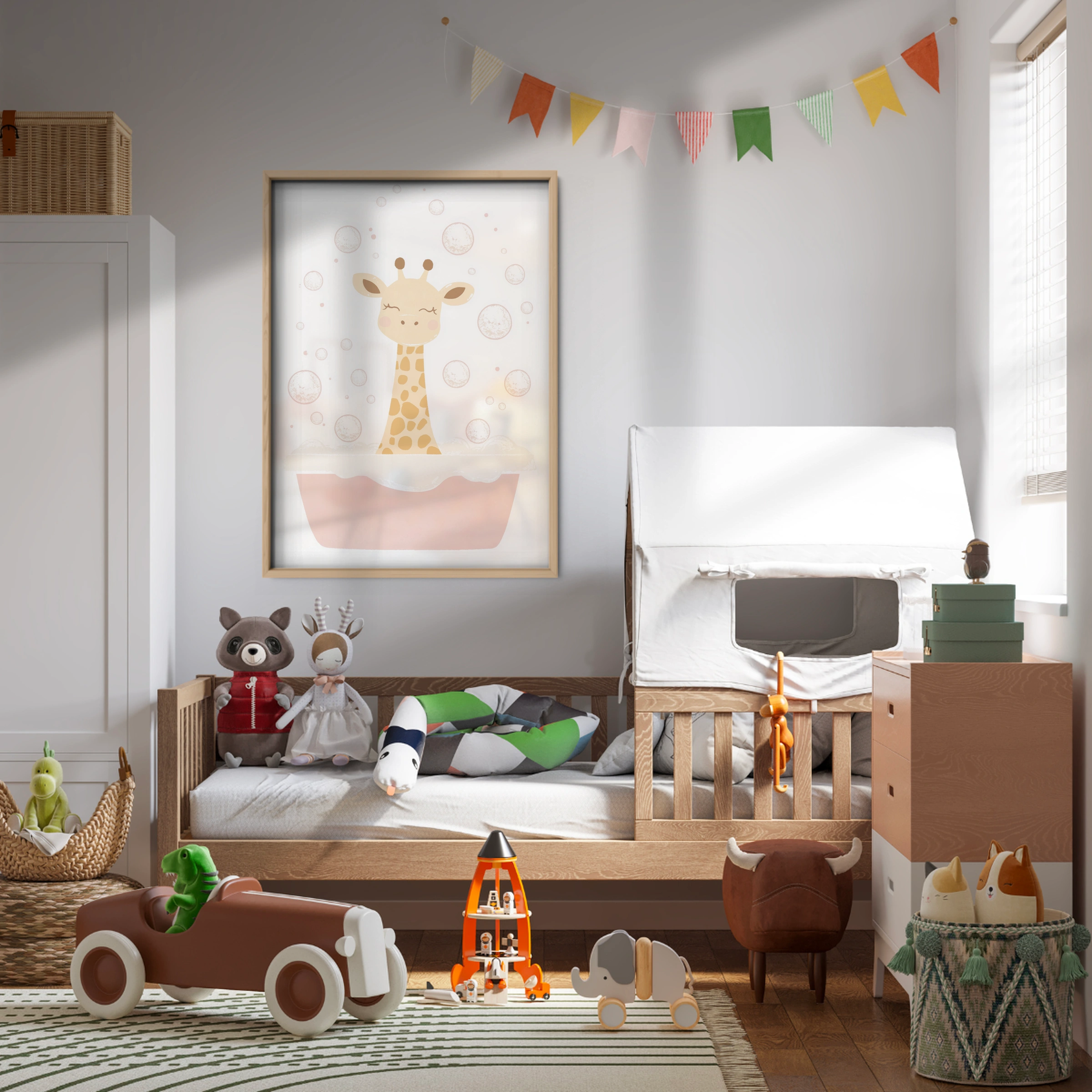 Giraffe in the Bath Nursery Print