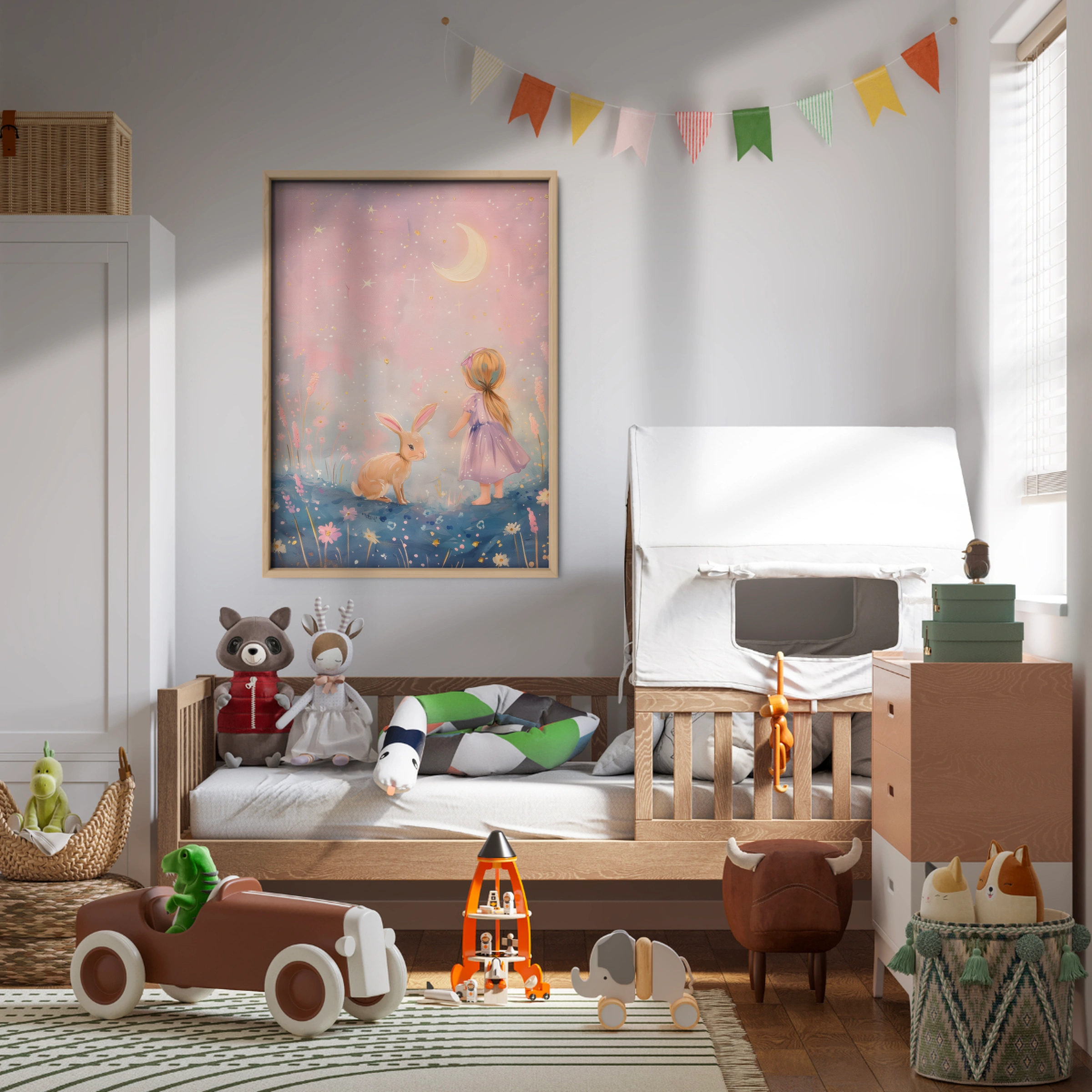 Girl and Bunny at Night Nursery Print