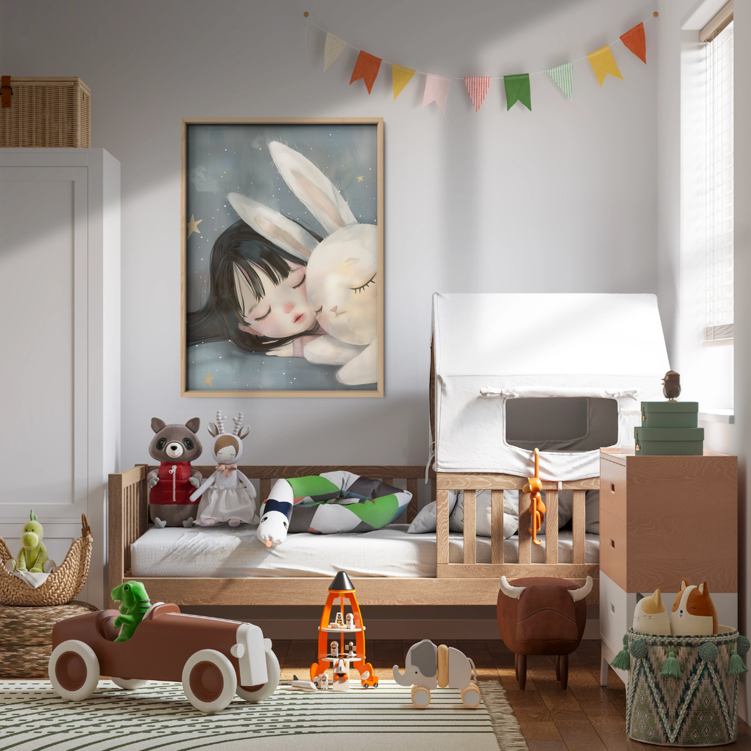 Girl and Bunny Sleeping Nursery Print