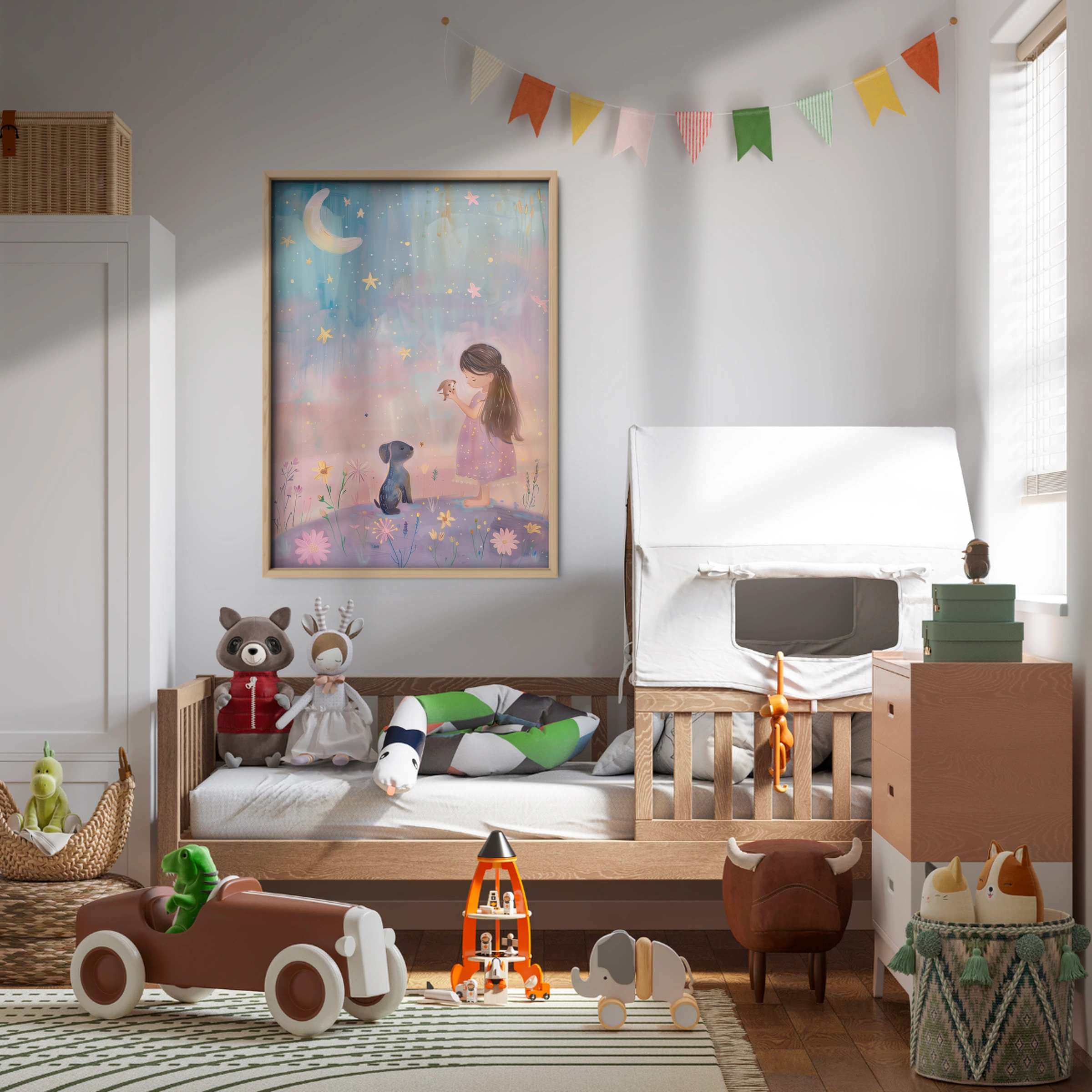 Girl and Puppy in a Meadow Nursery Print