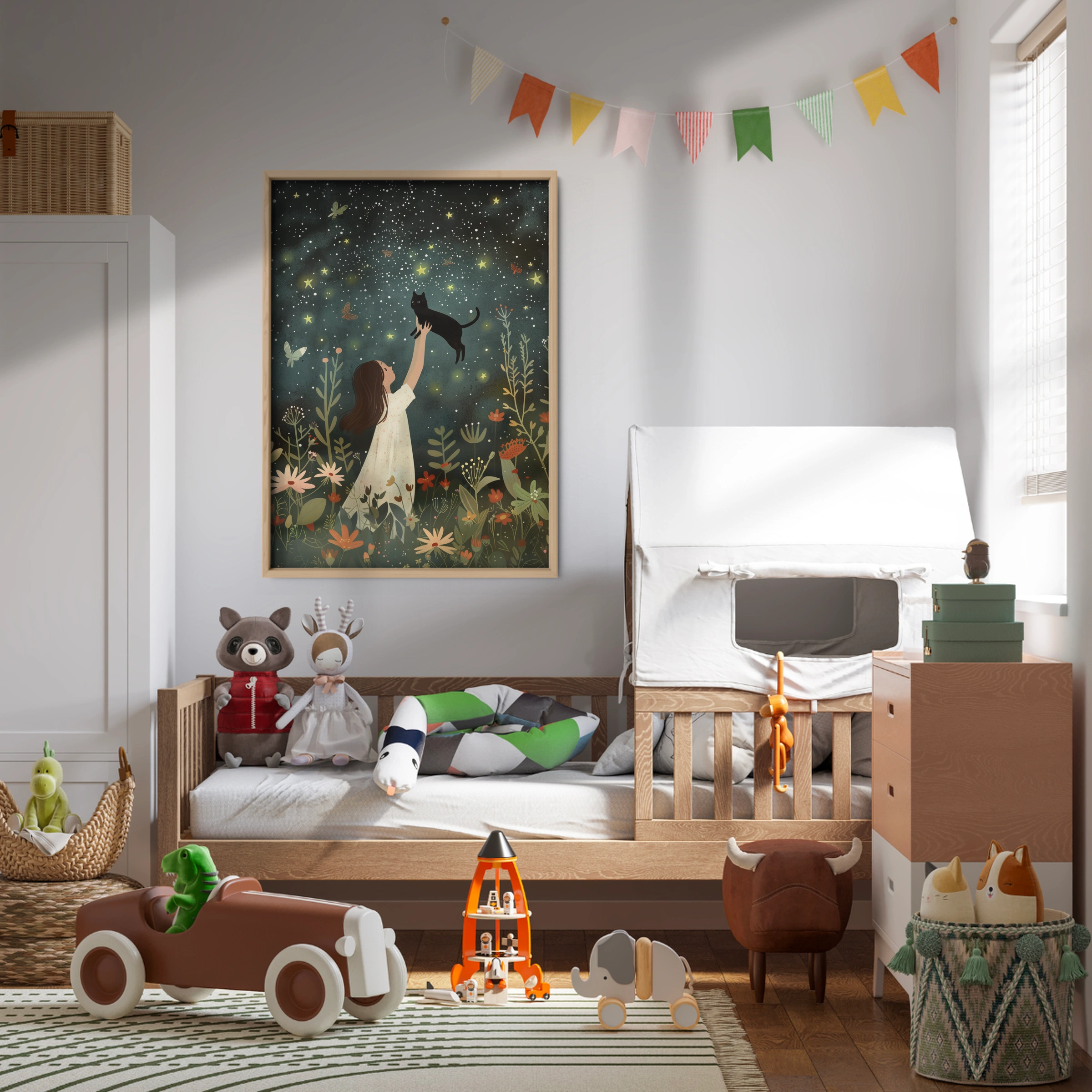Girl and the Cat at Night Nursery Print