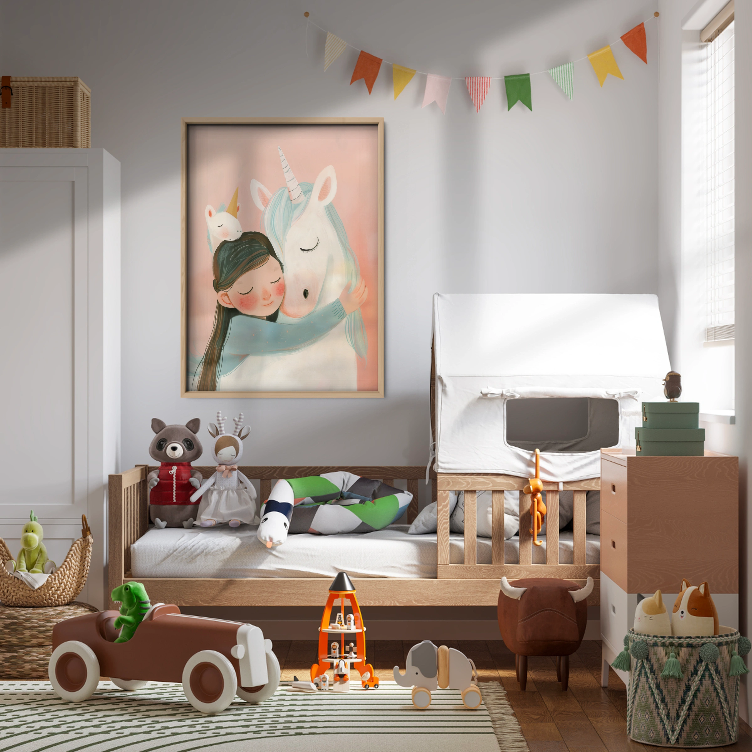 Girl Hugging Unicorn Nursery Print