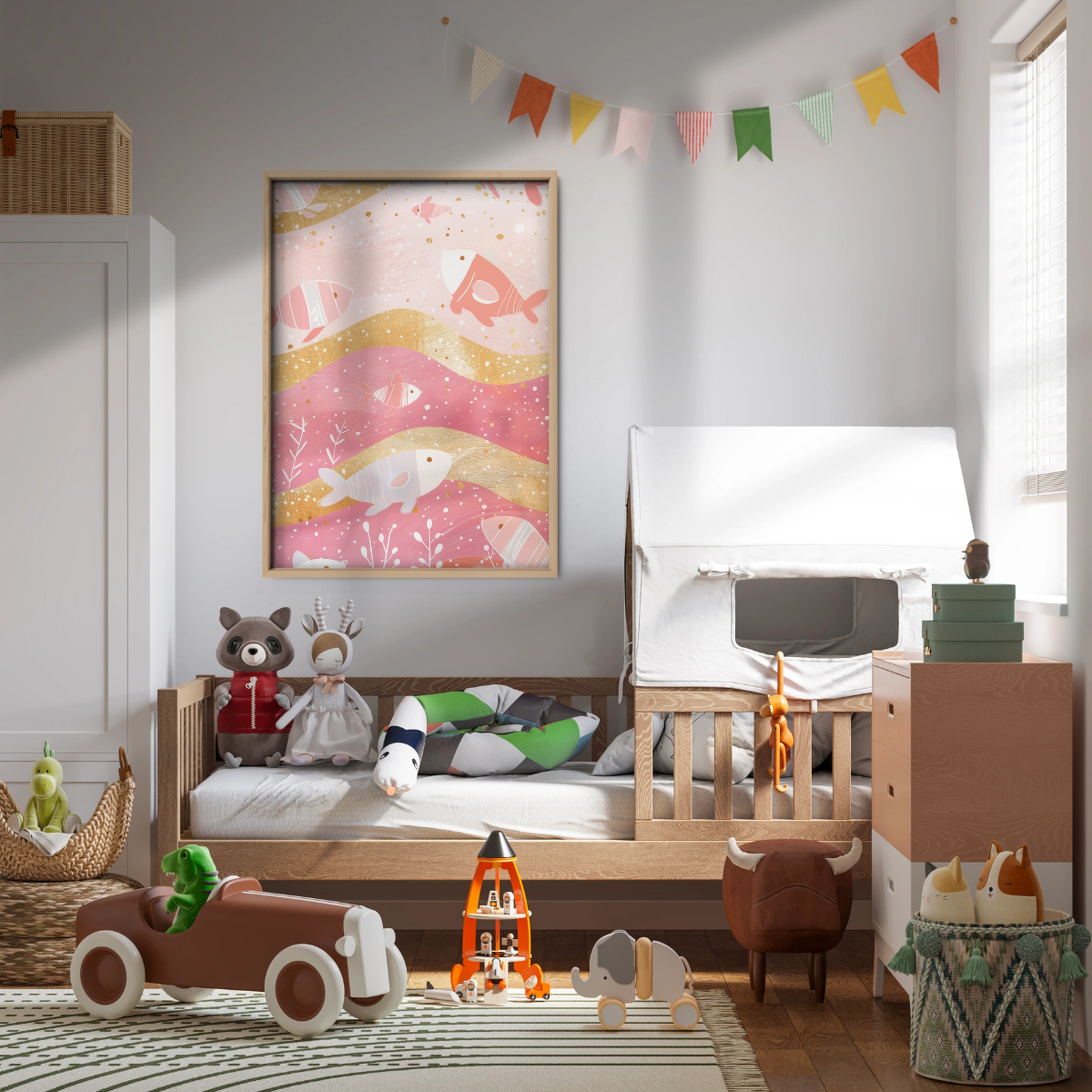 Golden Fish Waves Nursery Print