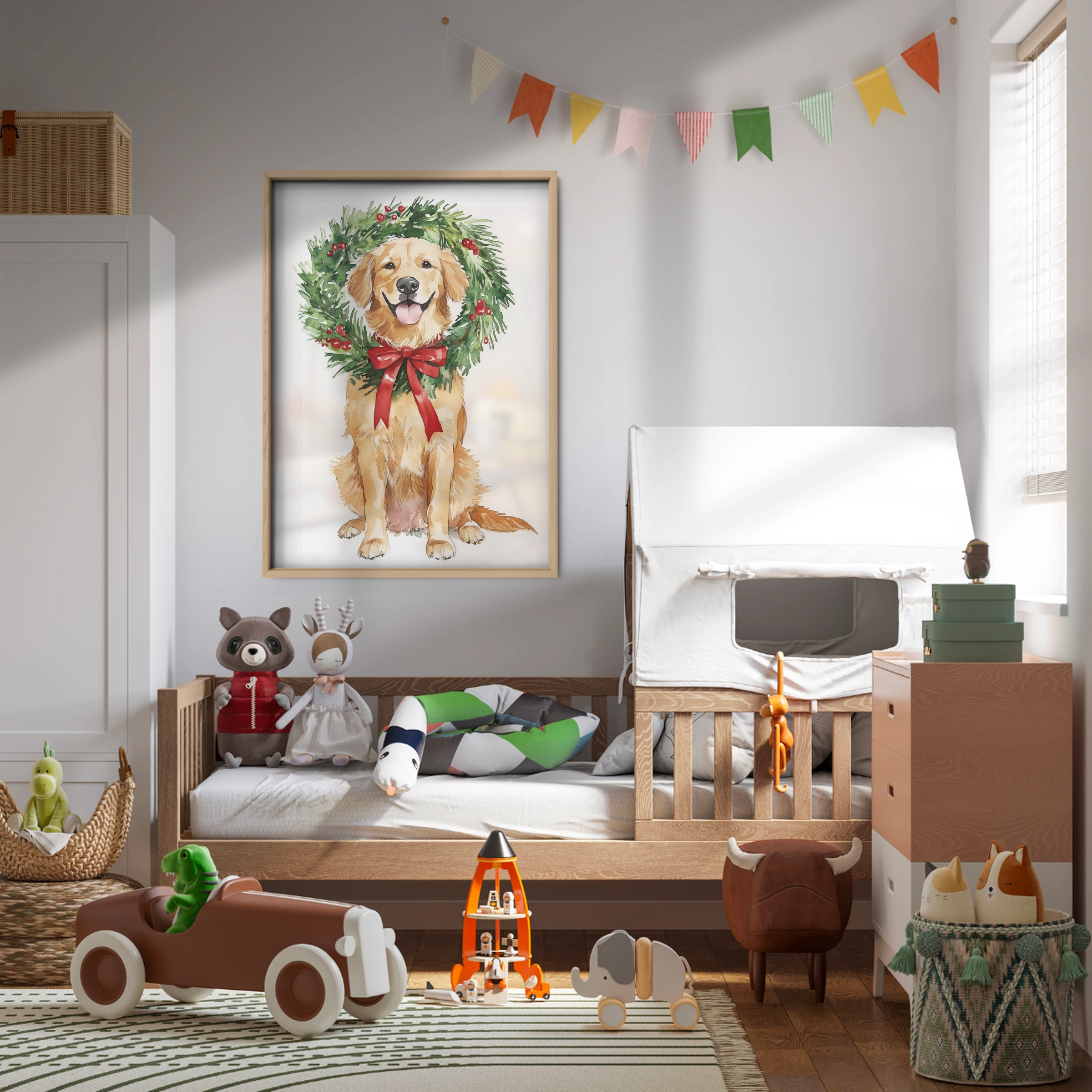 Golden Retriever with a Wreath Christmas Print