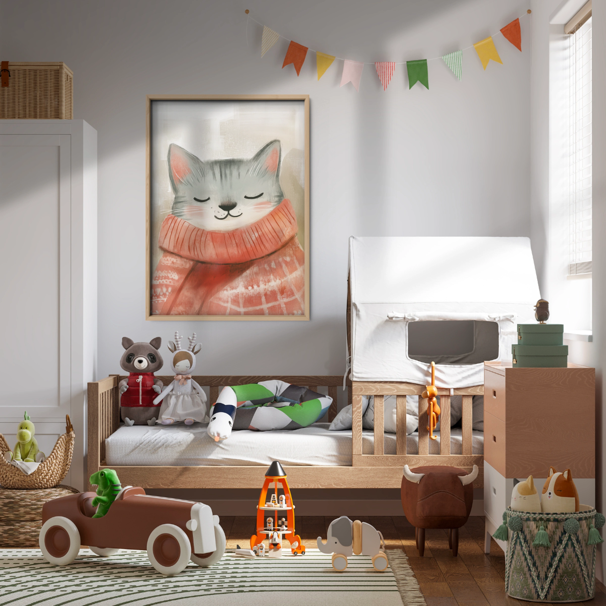 Grey Cat in a Scarf Christmas Print