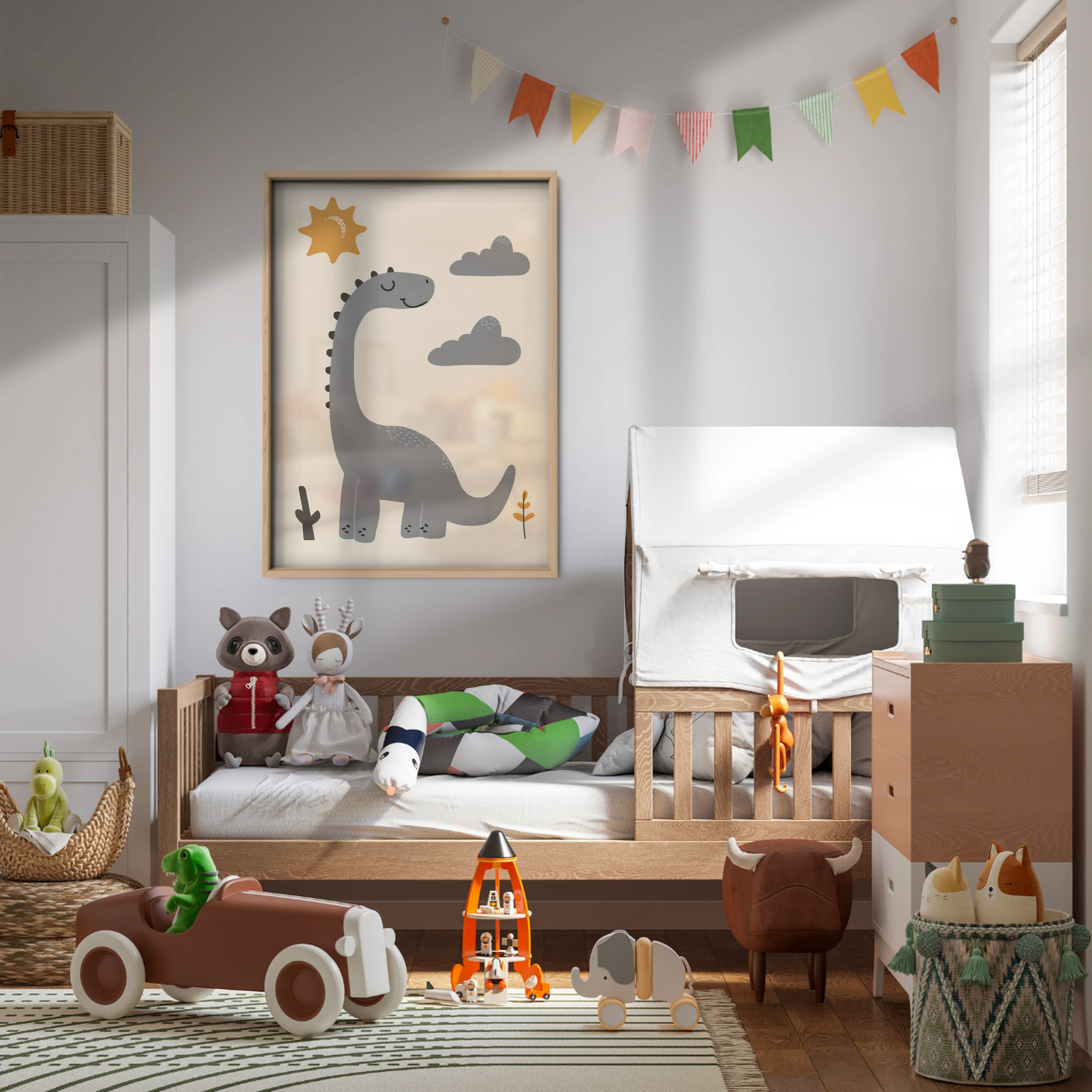 Grey Dinosaur and Sun Nursery Print