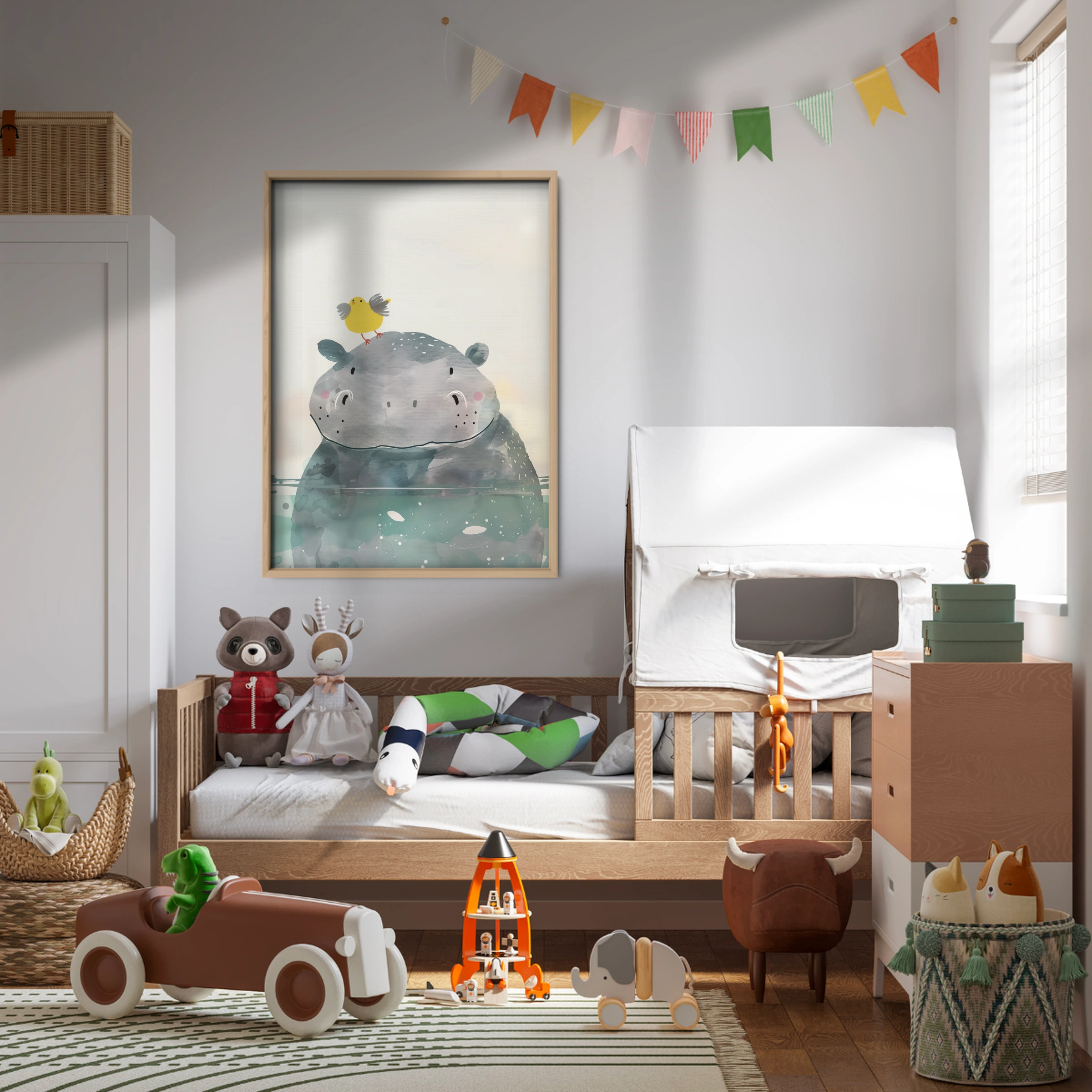 Hippo and a Bird Nursery Print