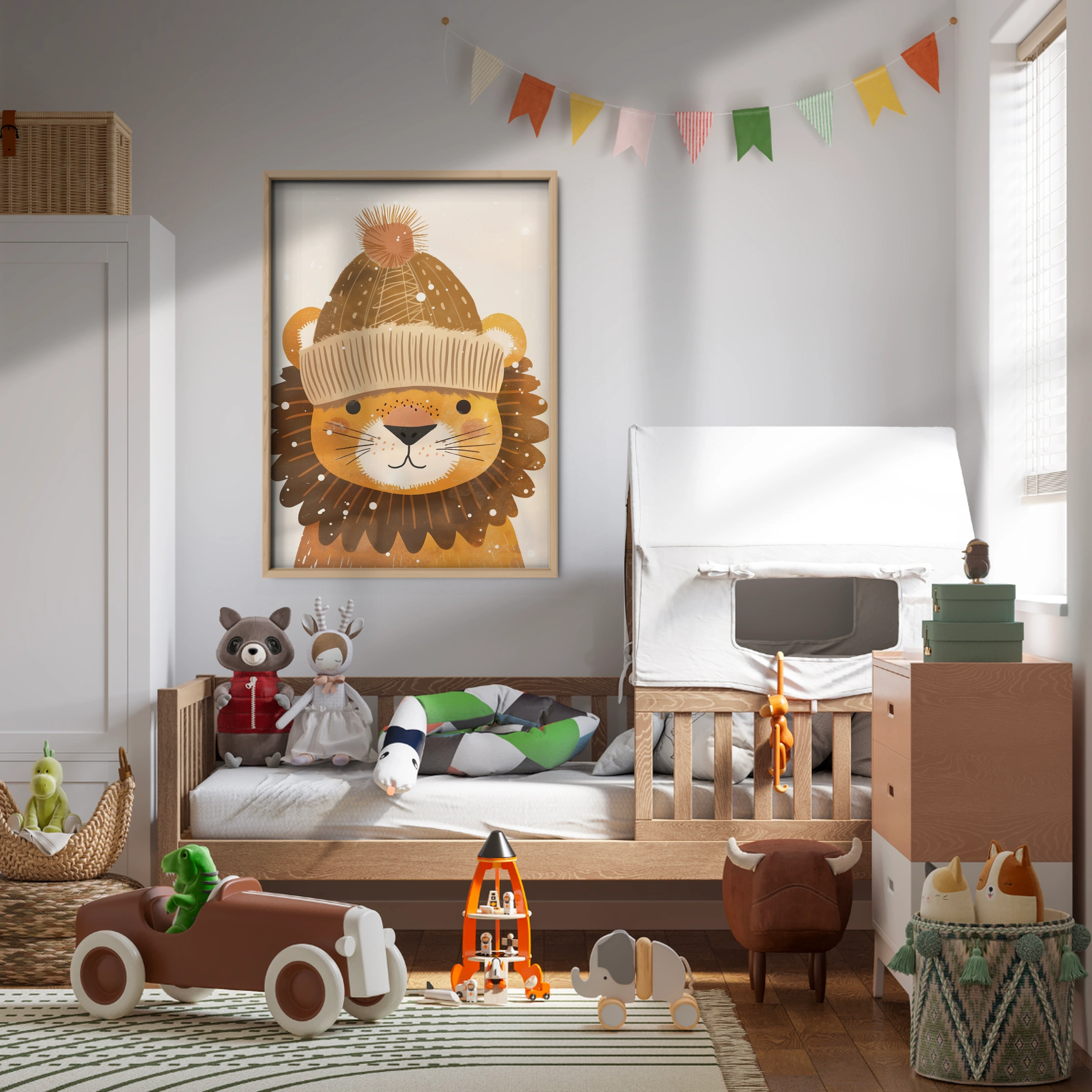 Lion in a Bobble Hat Nursery Print