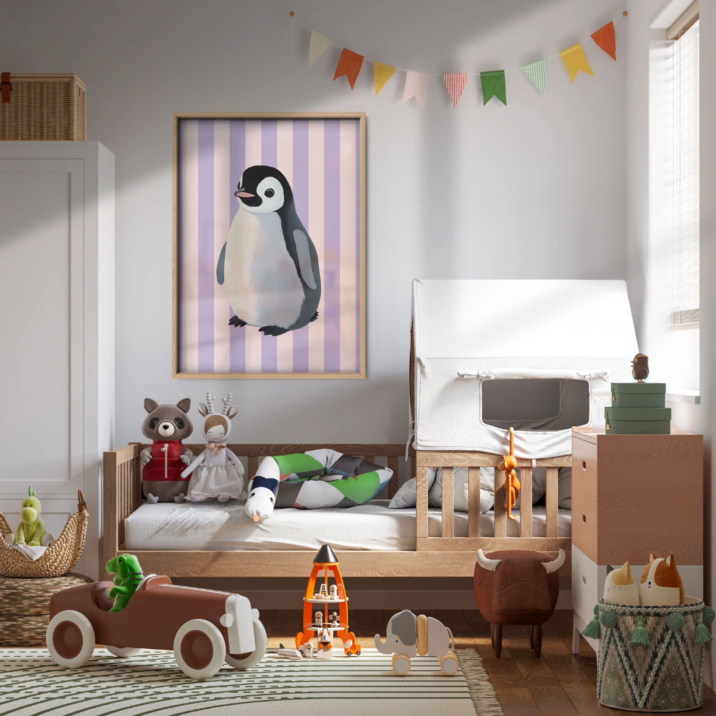 Penguin on Stripes Nursery Print